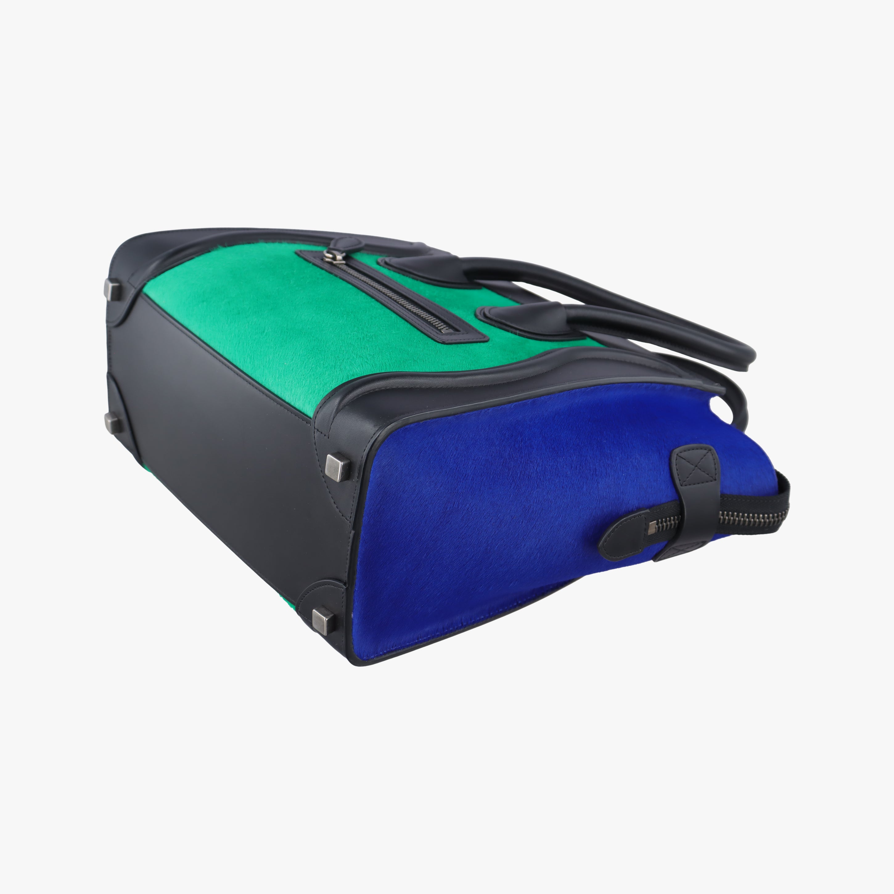 Secondhand Celine Luggage Nano Shopper Blue x Green x Black leather×ponyhair  handbag | stylenewstar