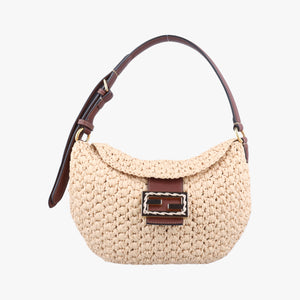 Pre-owned Fendi Croissant Crochet Beige straw 8BR790 shoulderbag | stylenewstar