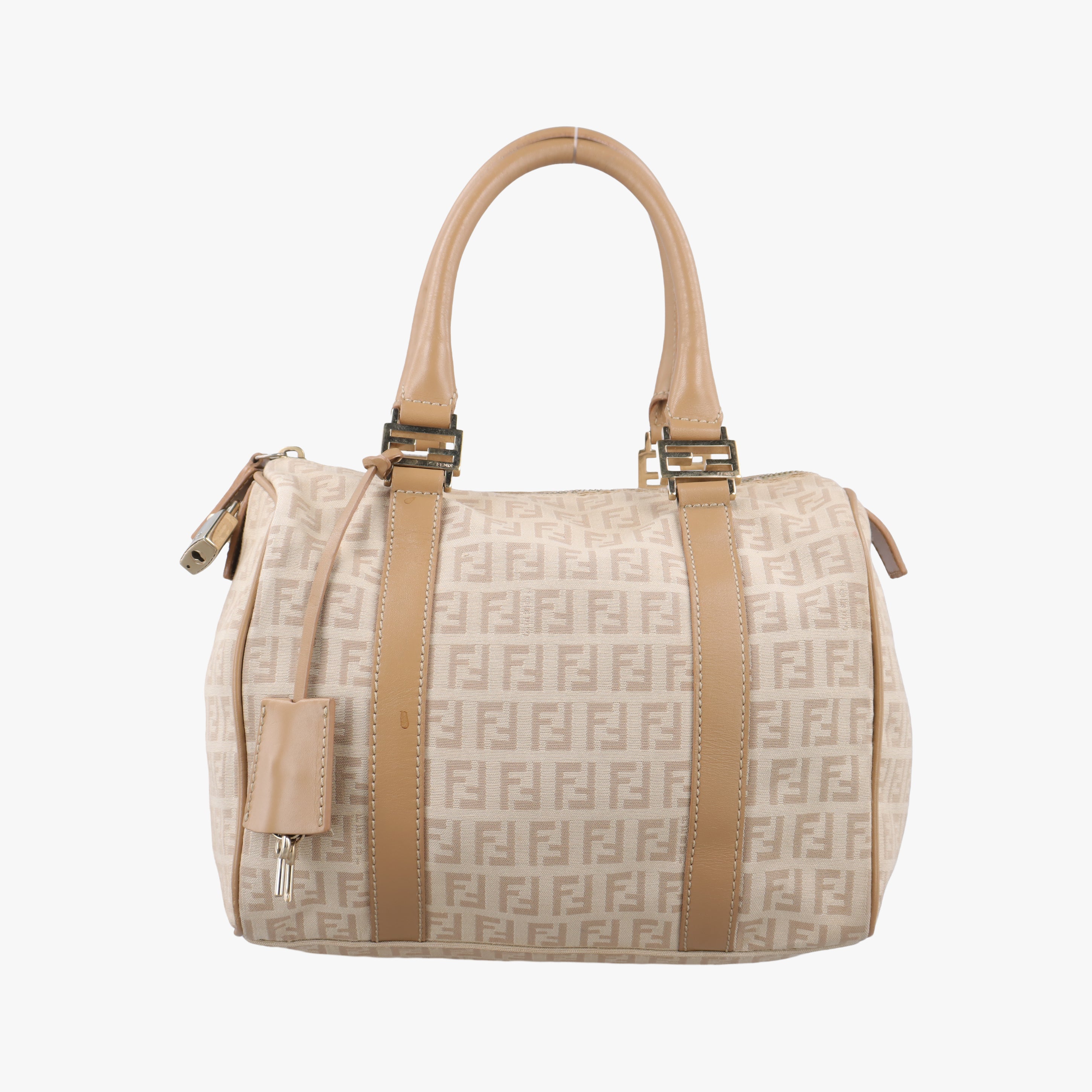 Pre-owned Fendi Zucchino Forever Bauletto beige canvas 8BL063 handbag | stylenewstar