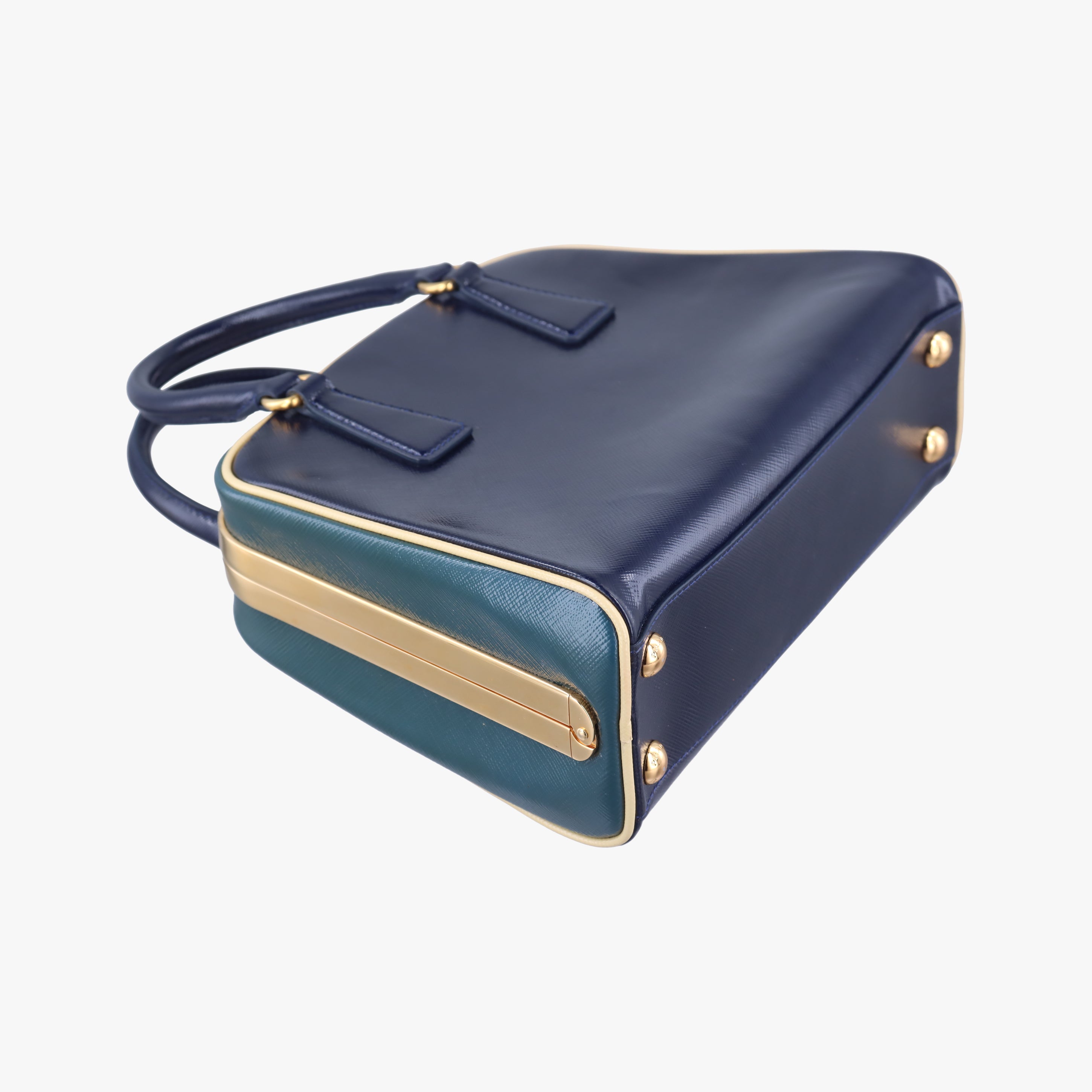 Pre-owned Prada Pyramid Navy×Green Patent  handbag | stylenewstar