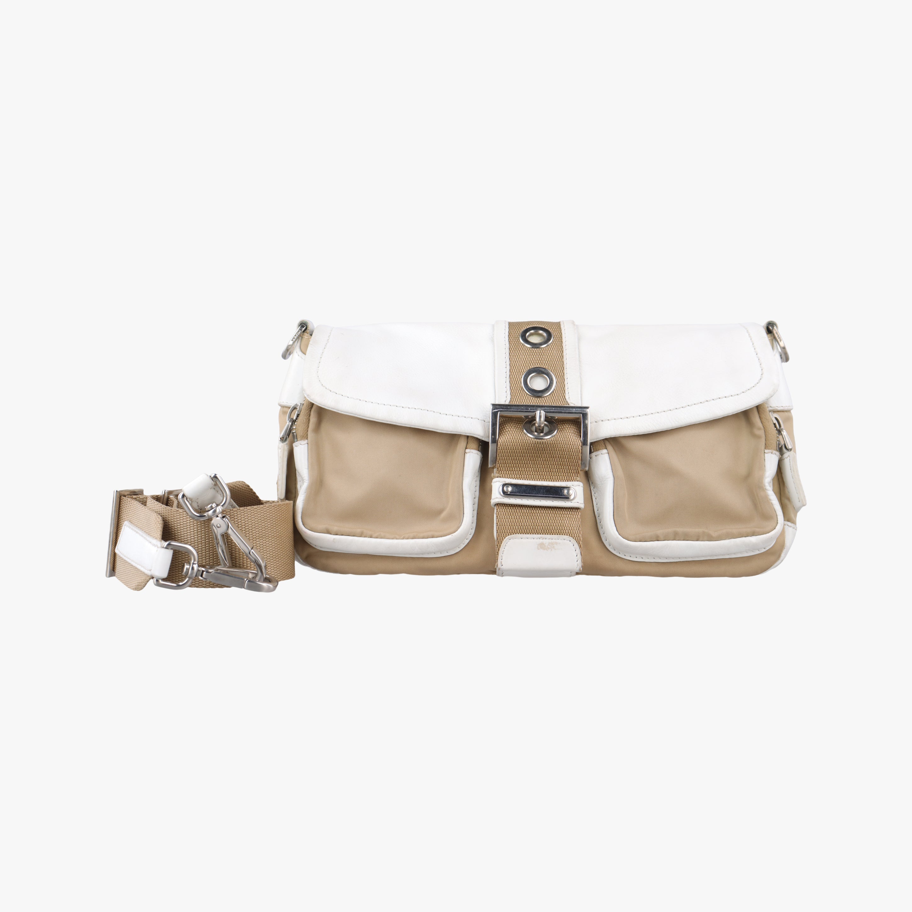 Pre-owned Prada Tessuto Beige×White nylon×leather  shoulderbag | stylenewstar