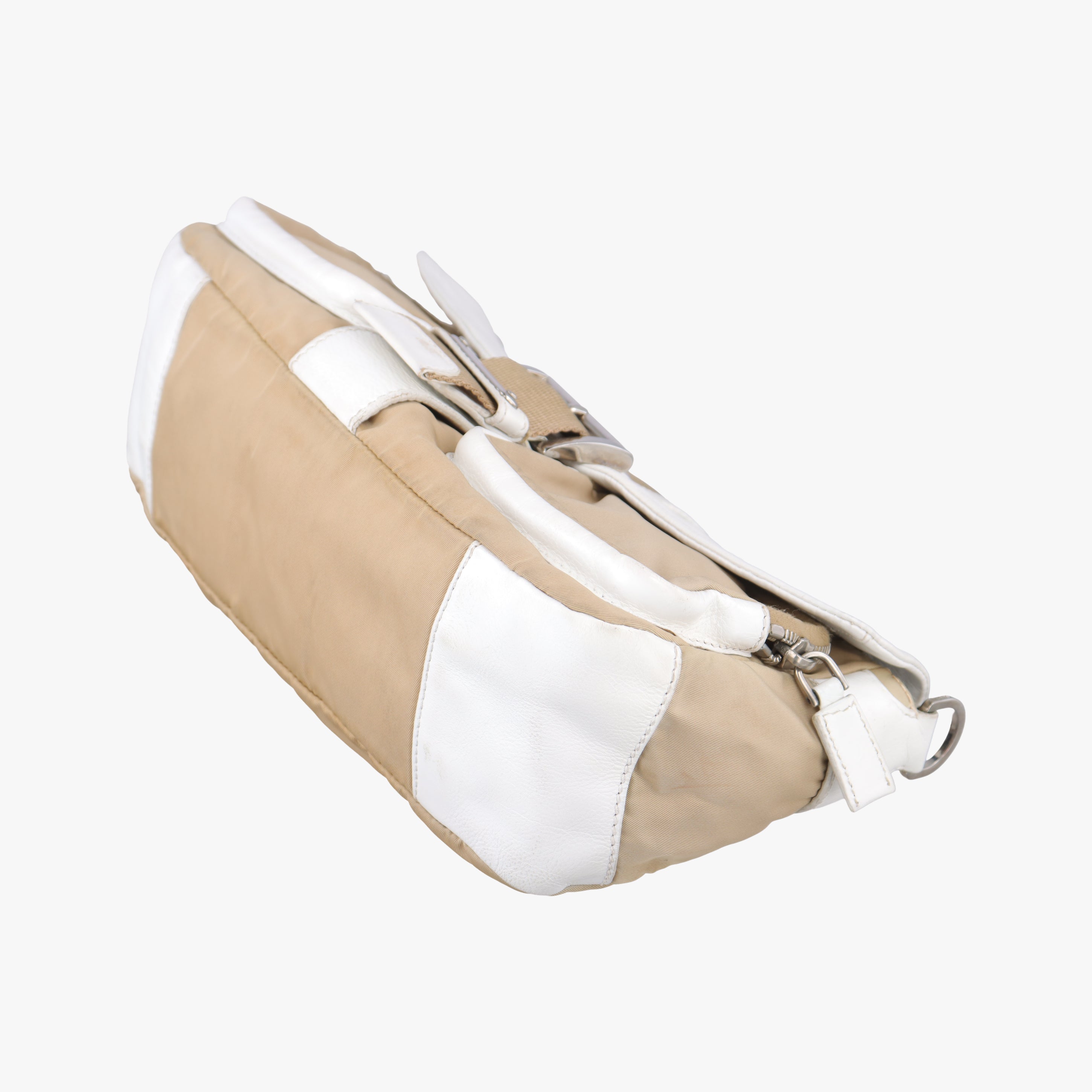 Pre-owned Prada Tessuto Beige×White nylon×leather  shoulderbag | stylenewstar