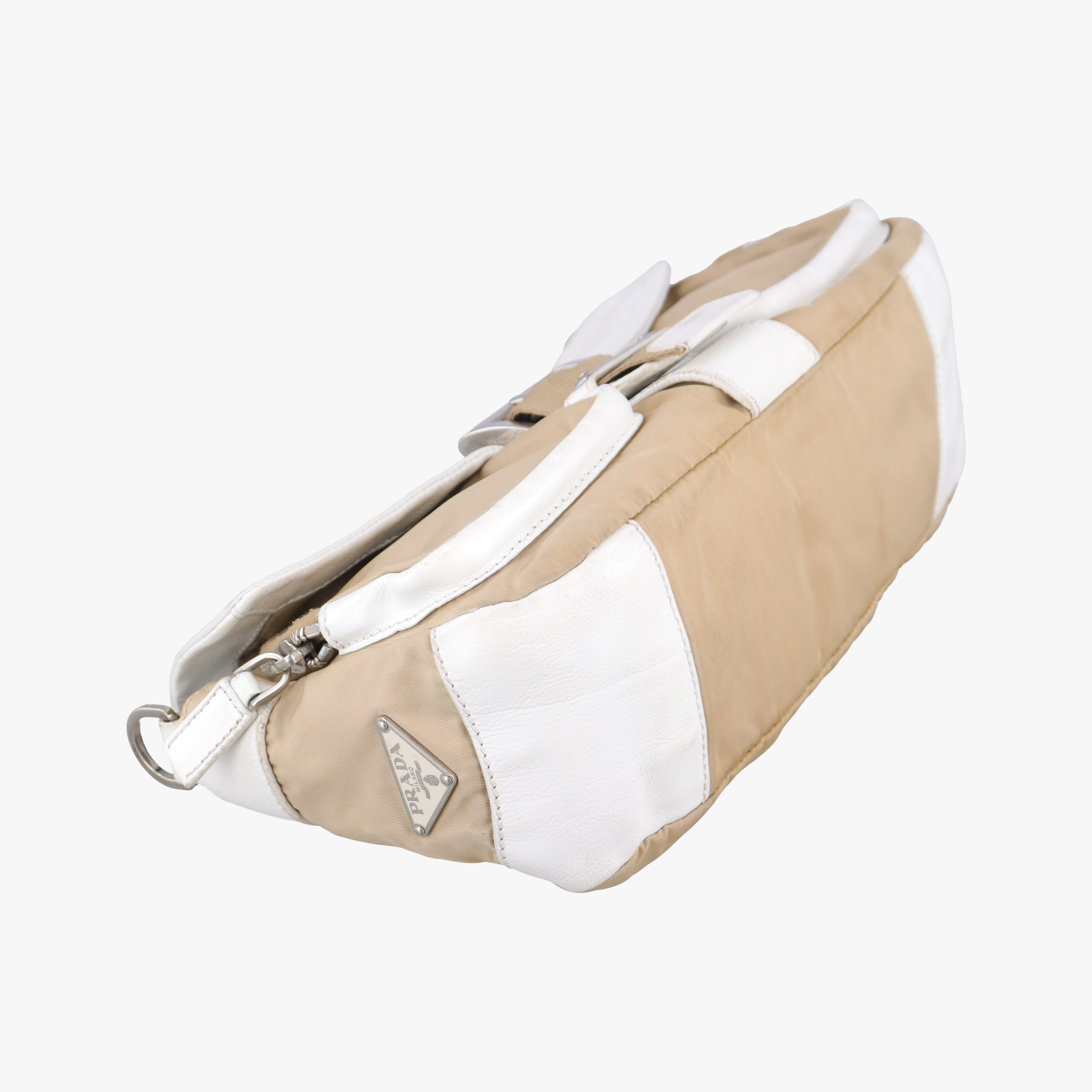 Pre-owned Prada Tessuto Beige×White nylon×leather  shoulderbag | stylenewstar