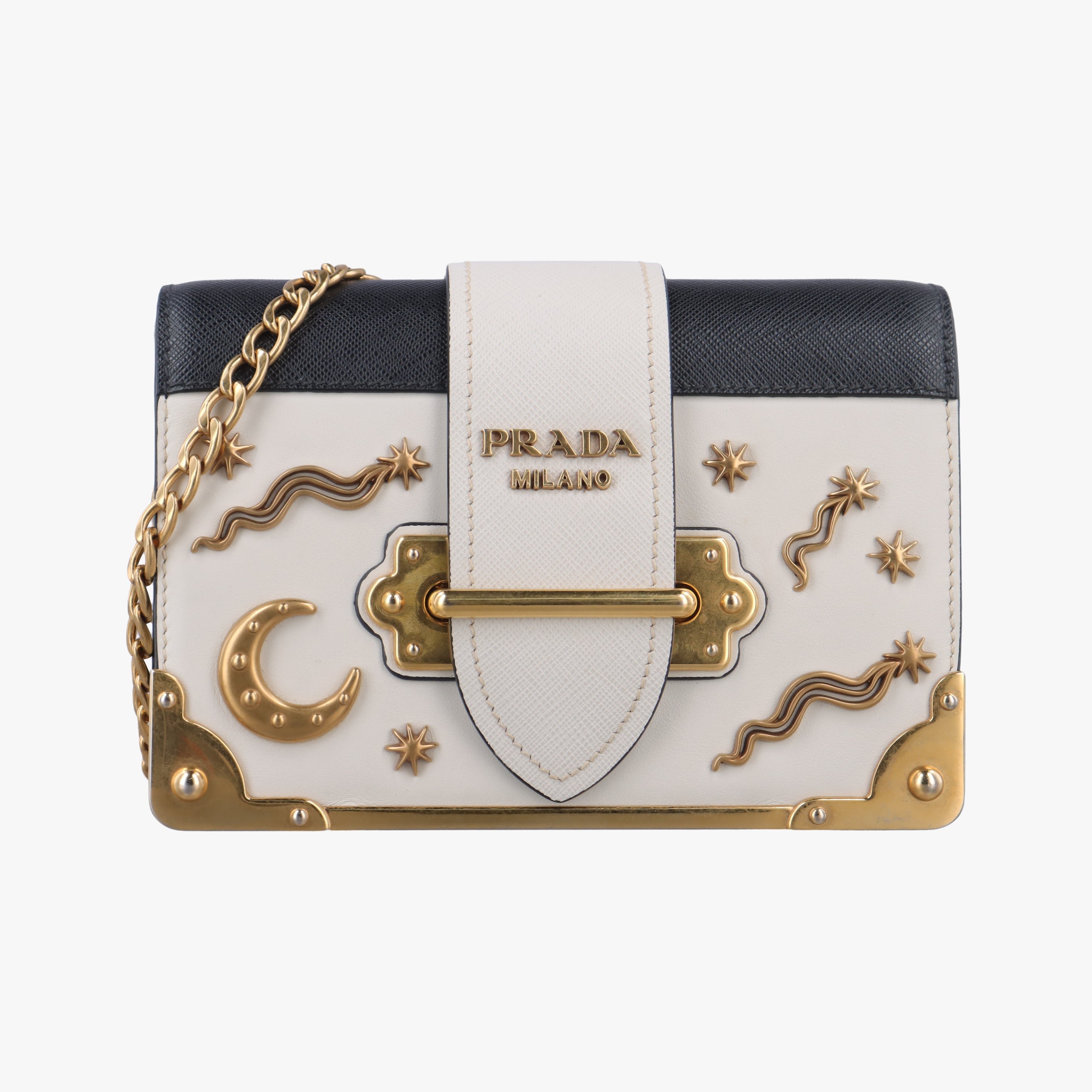 Pre-owned Prada Astrology Cahier White×Black Saffiano leather×Leather  shoulderbag | stylenewstar
