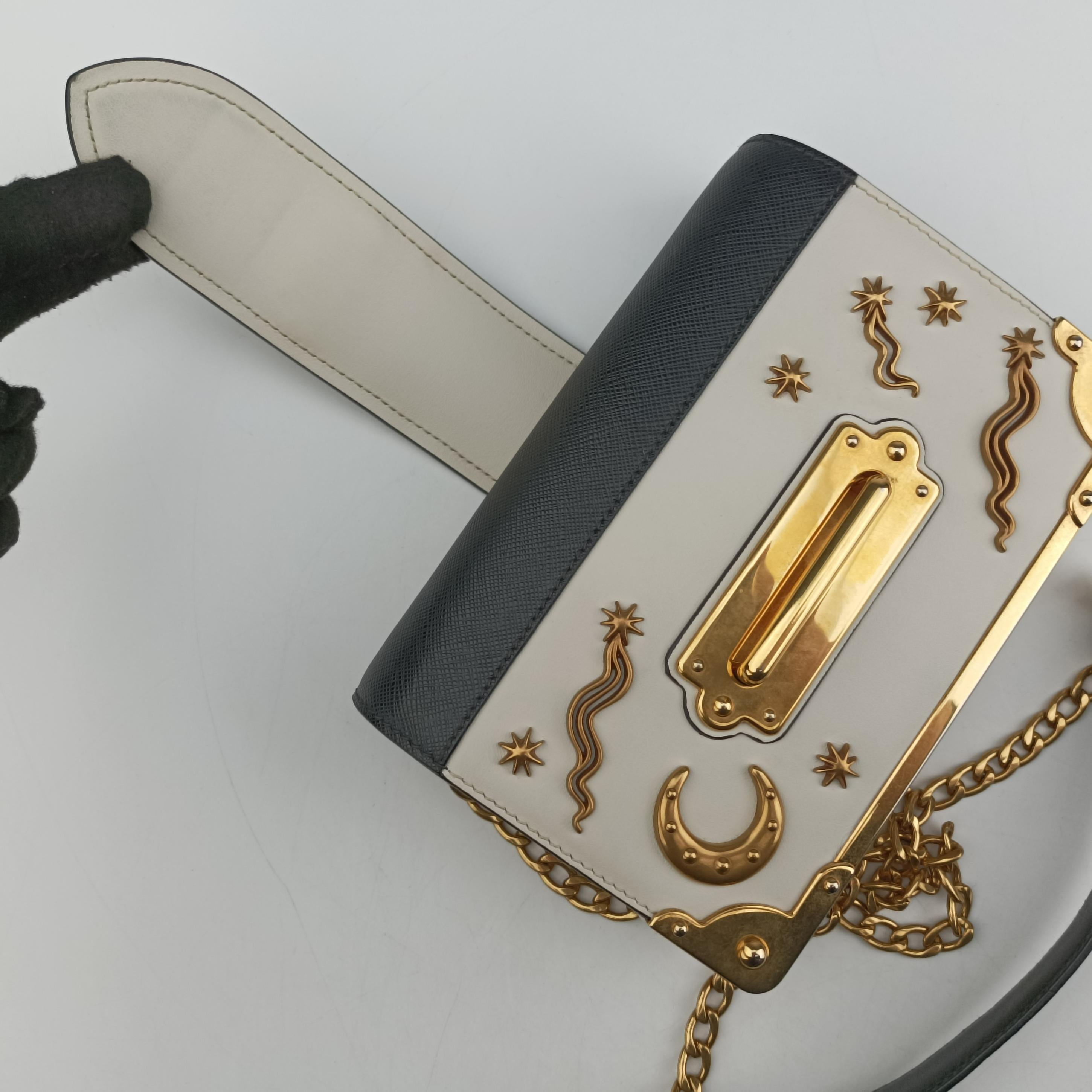 Pre-owned Prada Astrology Cahier White×Black Saffiano leather×Leather  shoulderbag | stylenewstar