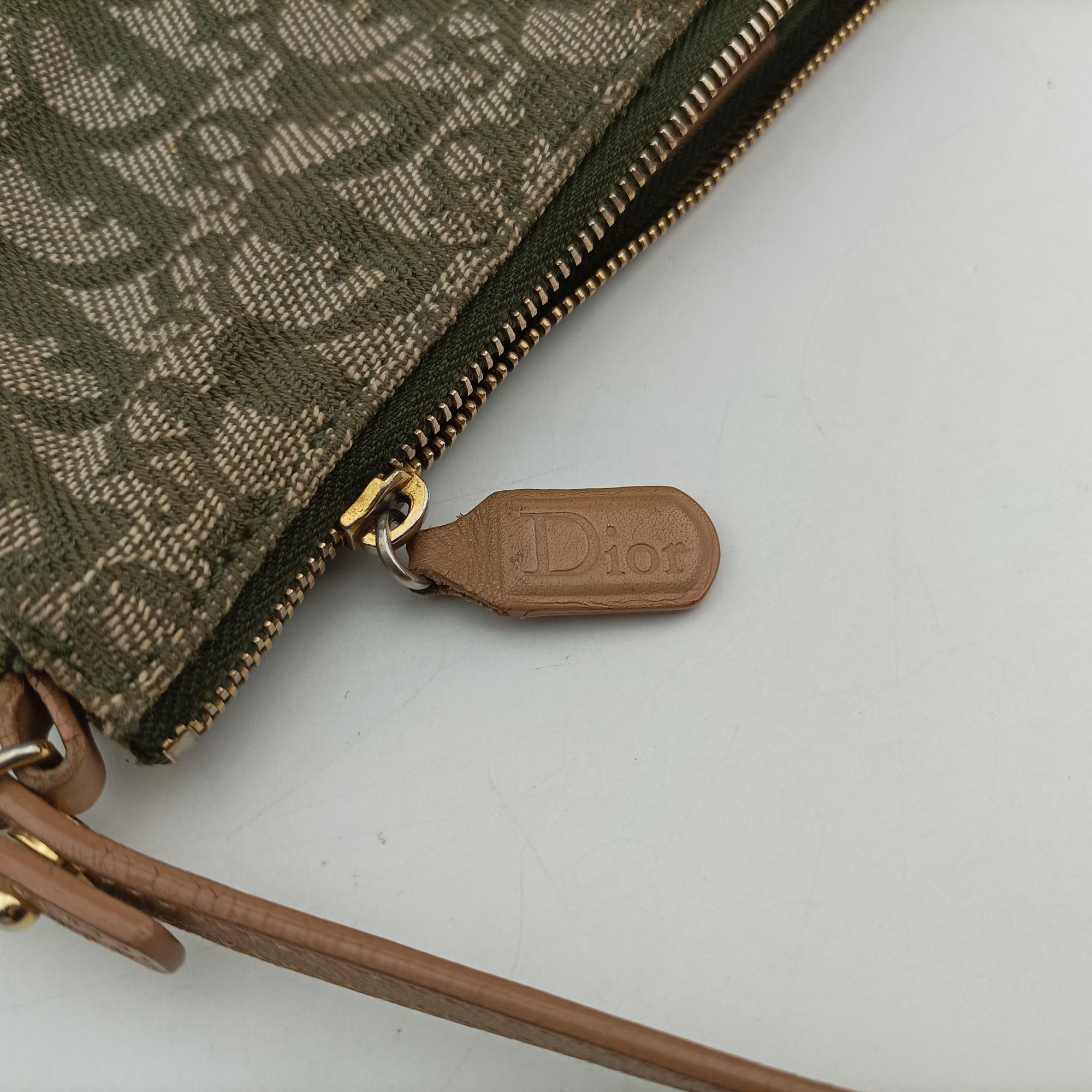 Pre-owned Christian Dior Saddle Green×beige Jacquard×Leather  shoulderbag | stylenewstar