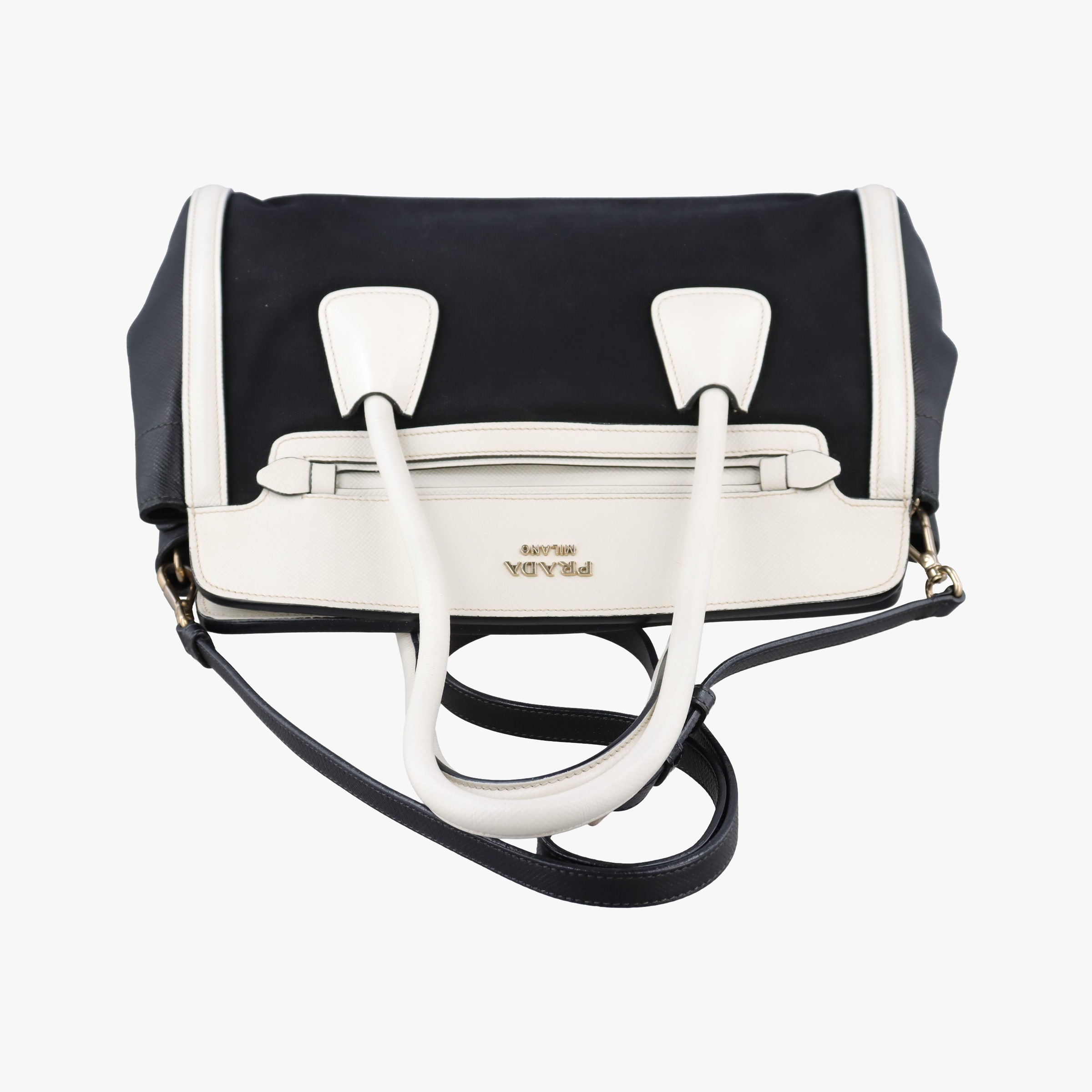 Pre-owned Prada Logo White×Black Saffiano leather×leather×canvas BN2595 shoulderbag | stylenewstar