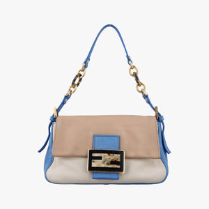 Pre-owned Fendi Baguette Beige × White × Blue Leather 8BR180 shoulderbag | stylenewstar