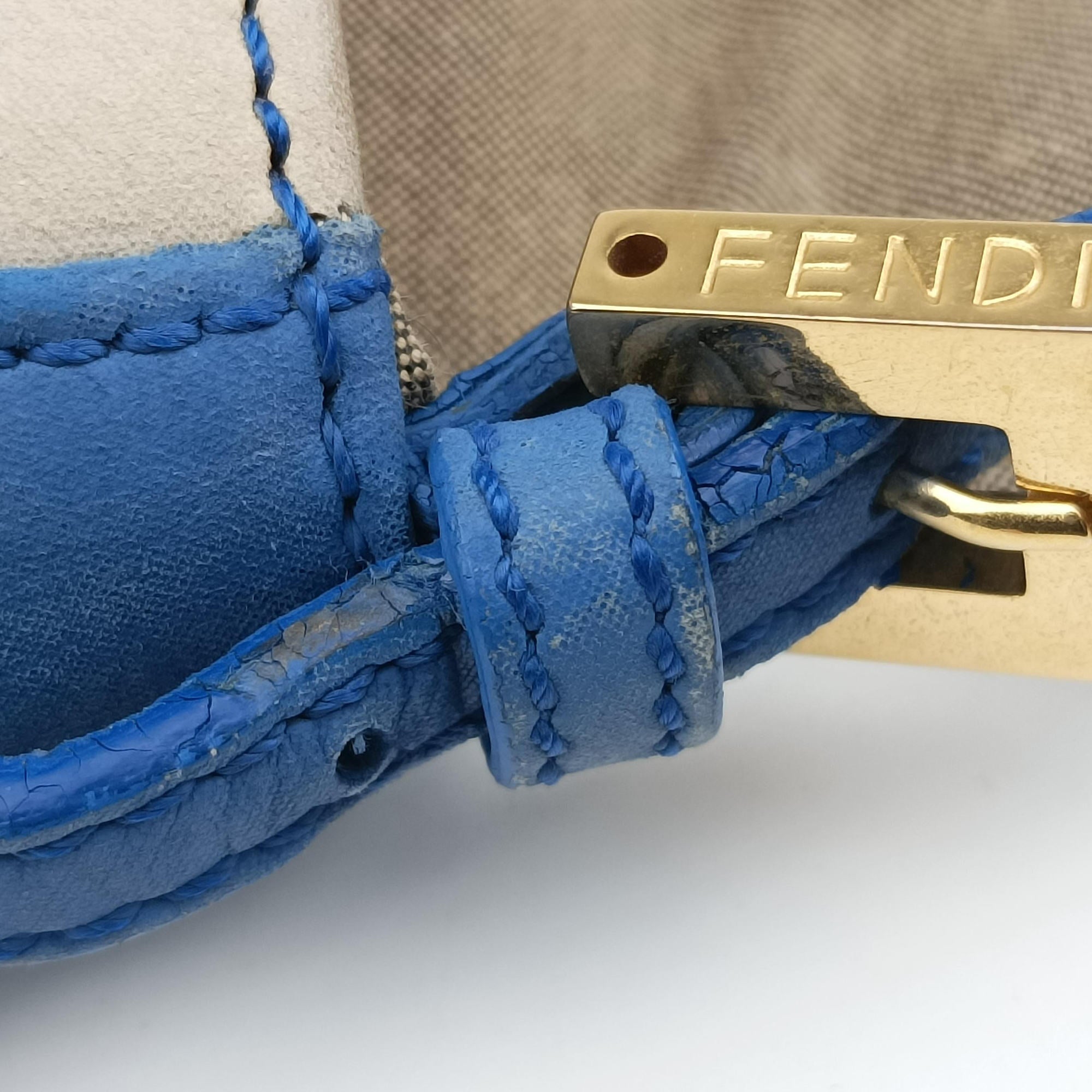 Pre-owned Fendi Baguette Beige × White × Blue Leather 8BR180 shoulderbag | stylenewstar
