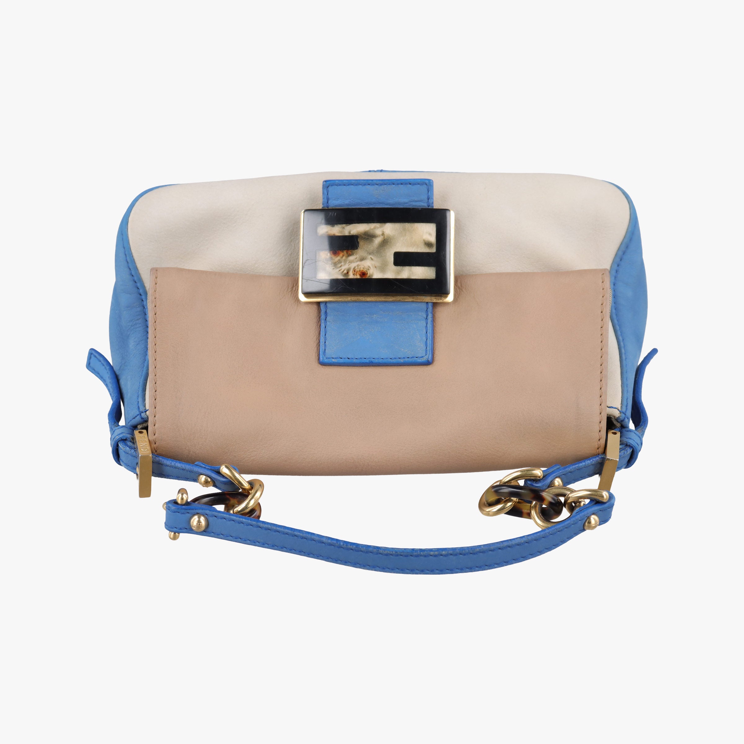 Pre-owned Fendi Baguette Beige × White × Blue Leather 8BR180 shoulderbag | stylenewstar