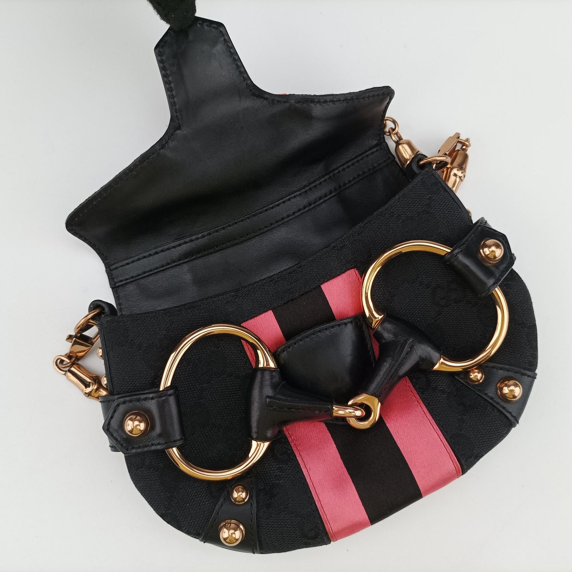 Secondhand Gucci Horsebit Web Black×pink Canvas×silk 129498 shoulderbag | stylenewstar