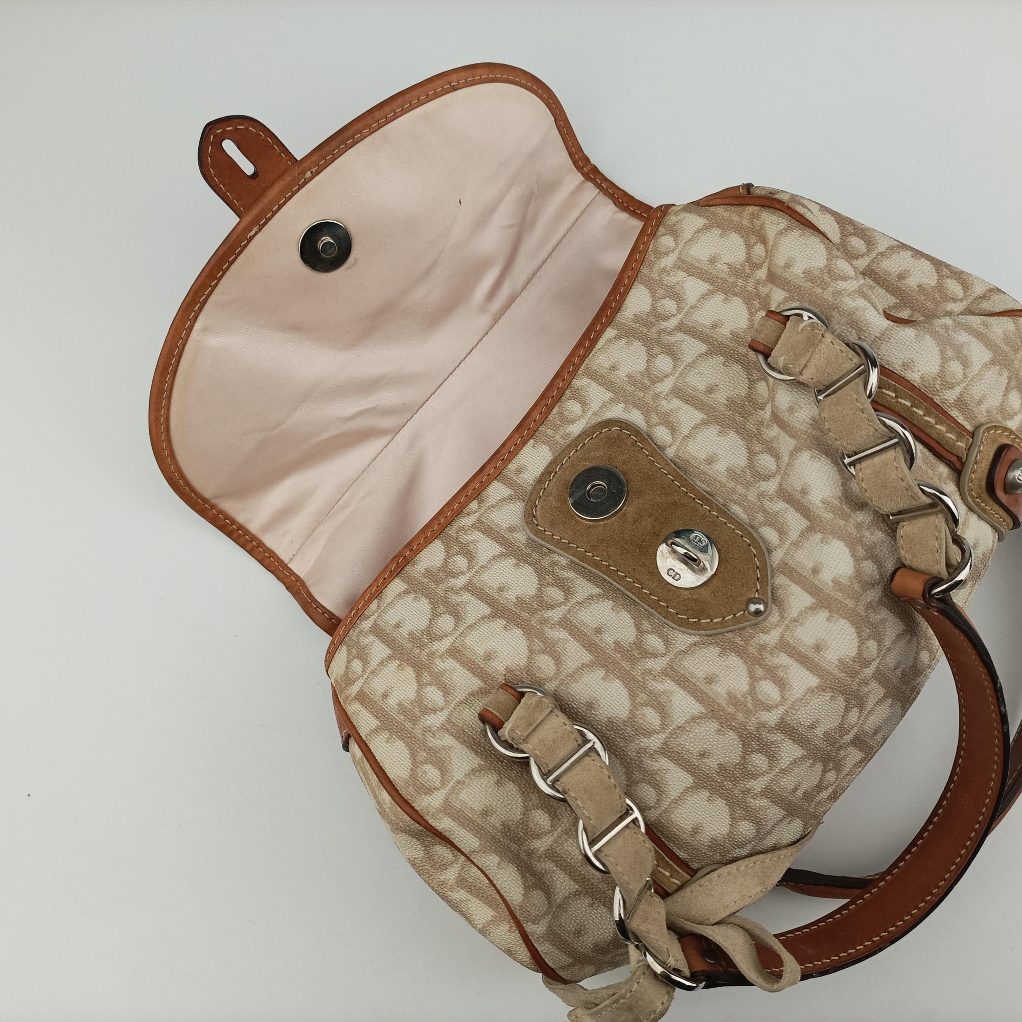 Vintage Christian Dior Romantique Trotter Beige x White xBrown PVC Coated Canvas x leather  handbag | stylenewstar