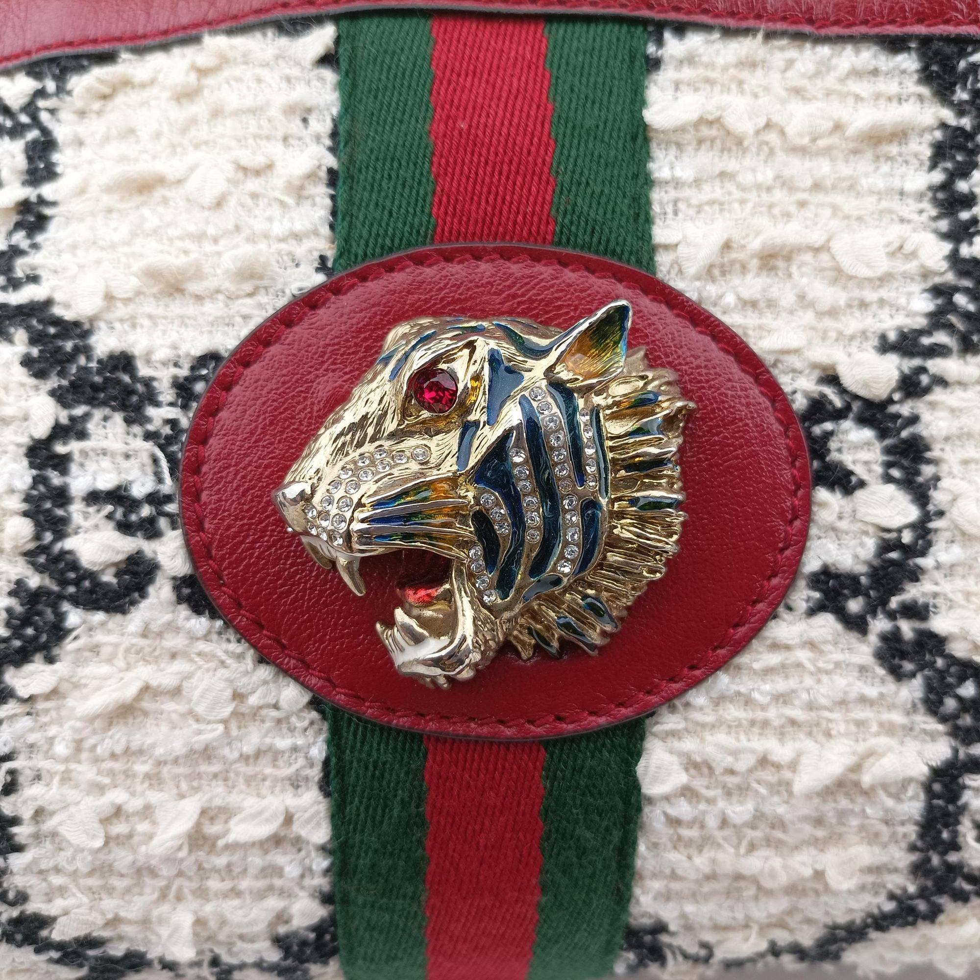 Pre-owned Gucci Rajah White×red tweed × leather 537219 shoulderbag | stylenewstar