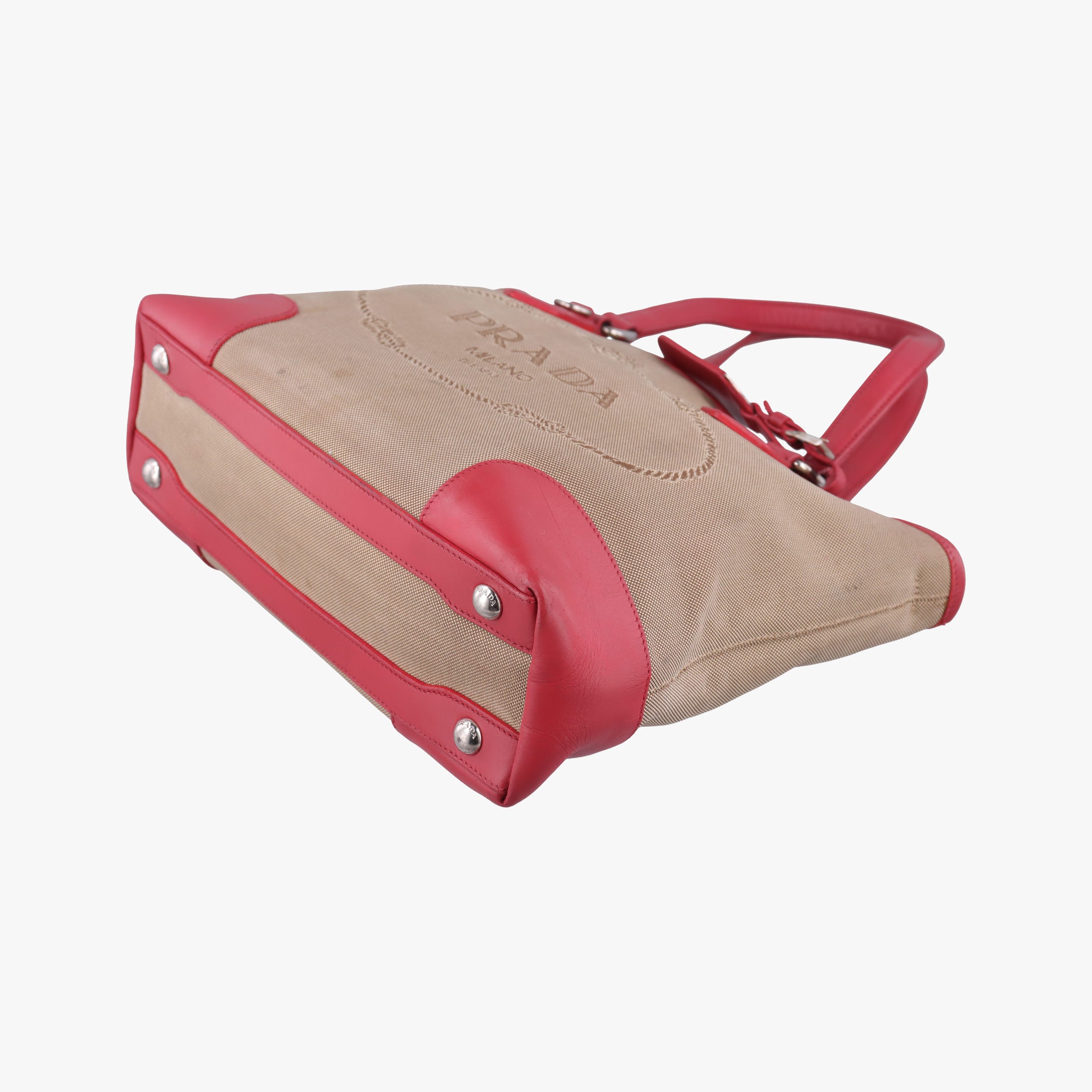 Pre-owned Prada logo jacquard khaki×red Fabric × leather  shoulderbag | stylenewstar