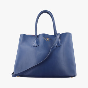 Pre-owned Prada Double Cuir Blue SAFFIANO Leather B2756T handbag | stylenewstar