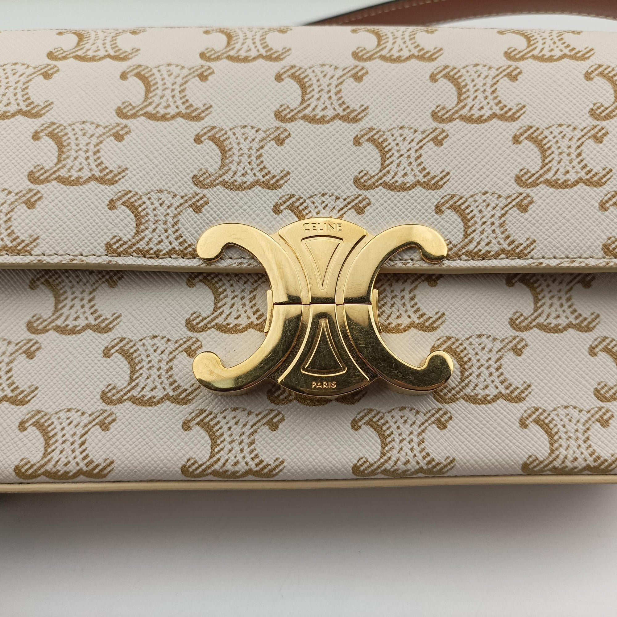 Pre-owned Celine Claude Triomphe white x brown PVC coated canvas x Leather  shoulderbag | stylenewstar