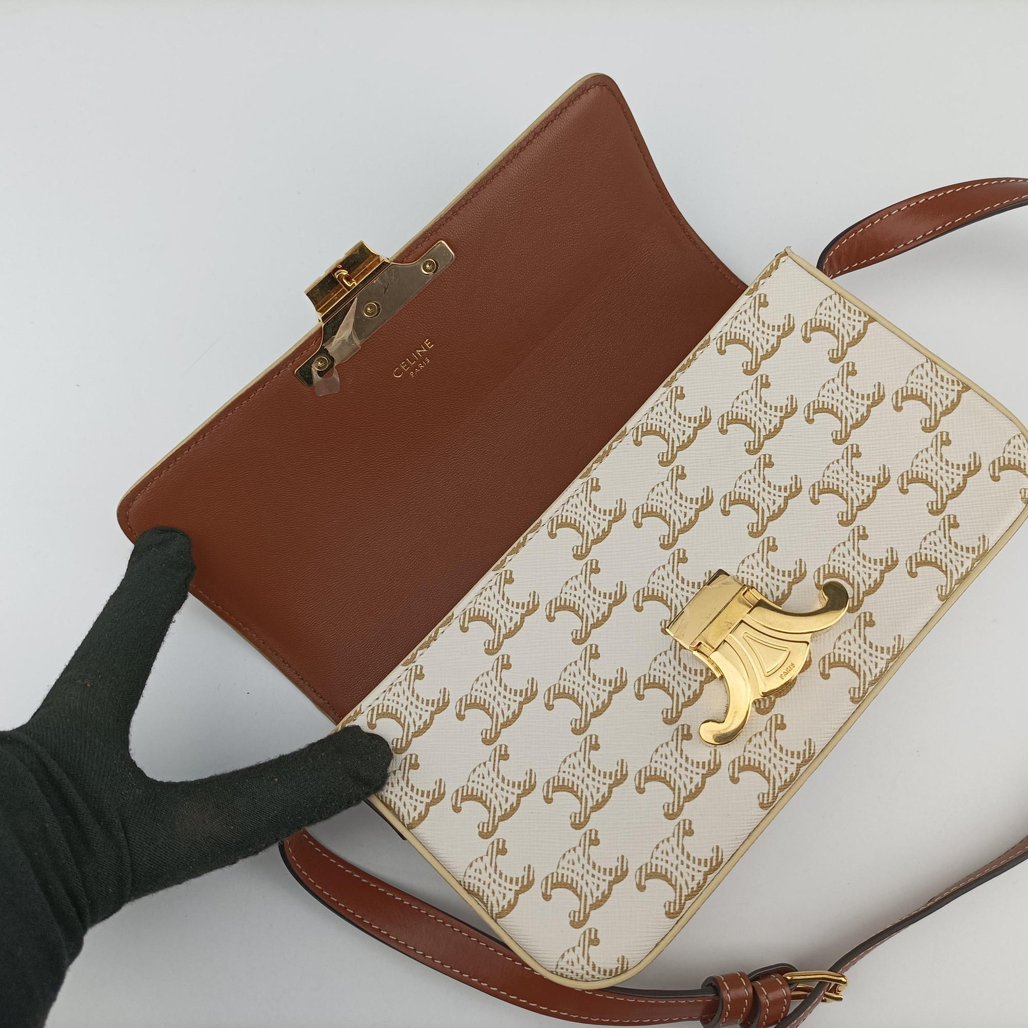 Pre-owned Celine Claude Triomphe white x brown PVC coated canvas x Leather  shoulderbag | stylenewstar
