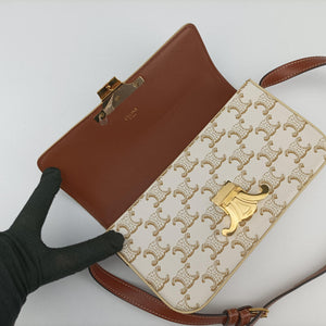 Pre-owned Celine Claude Triomphe white x brown PVC coated canvas x Leather  shoulderbag | stylenewstar
