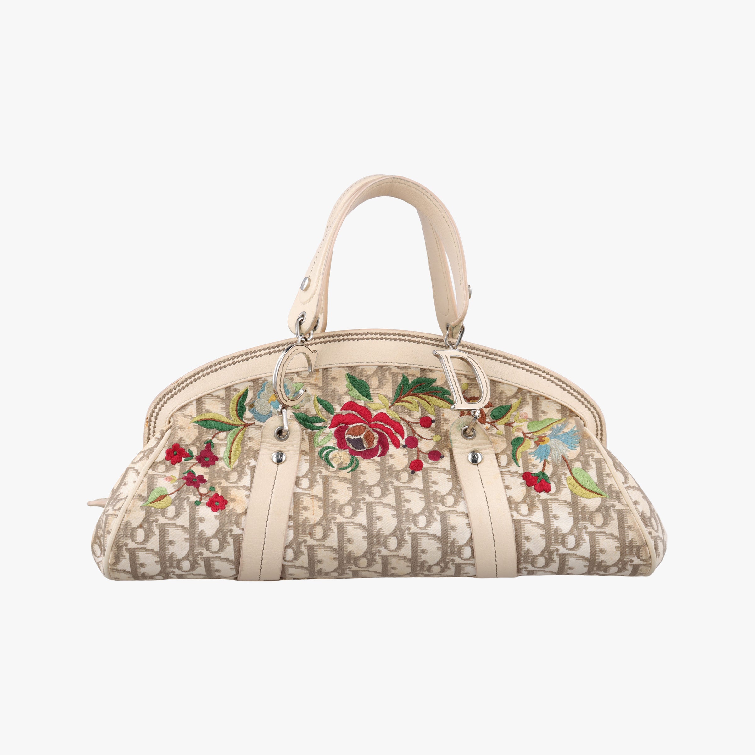 Pre-owned Christian Dior Trotter Flower Line Ivory×Beige×Multicolor Canvas × Leather  handbag | stylenewstar