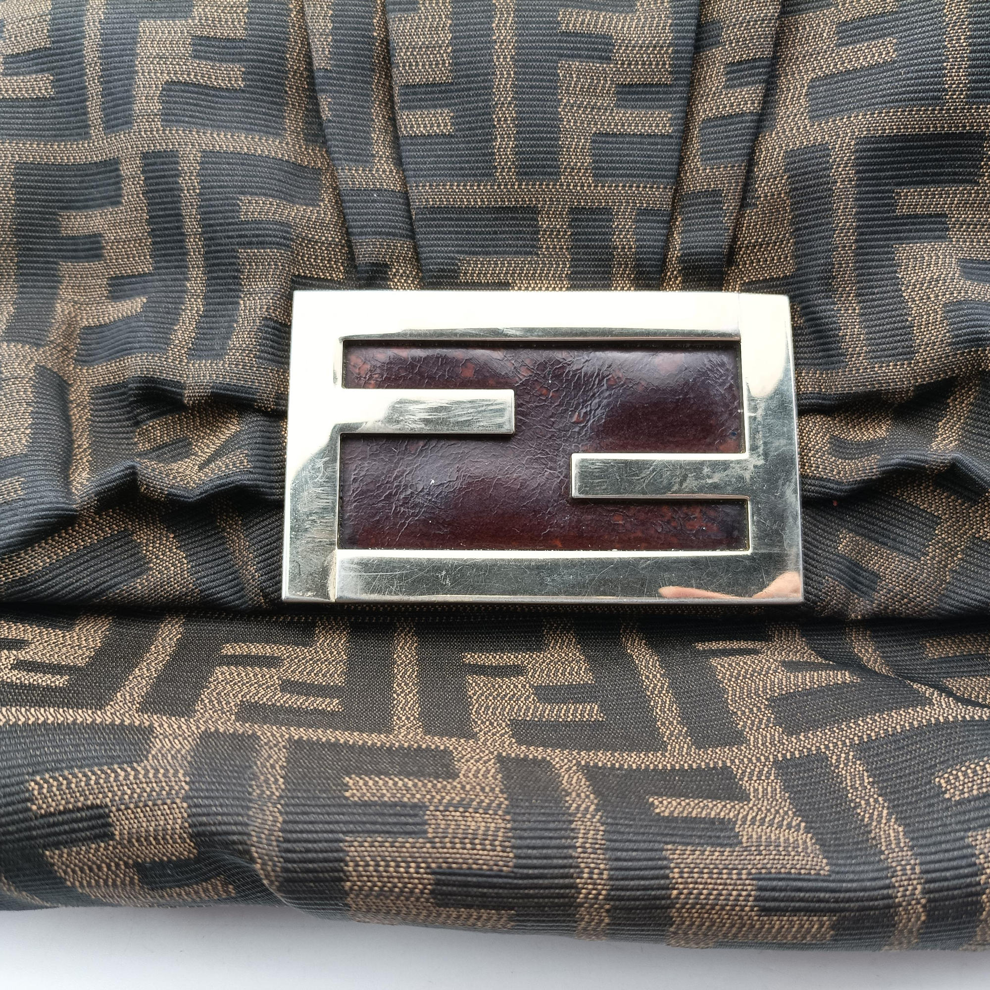 Pre-owned Fendi Mia Flap Brown Jacquard 8BT163 shoulderbag | stylenewstar