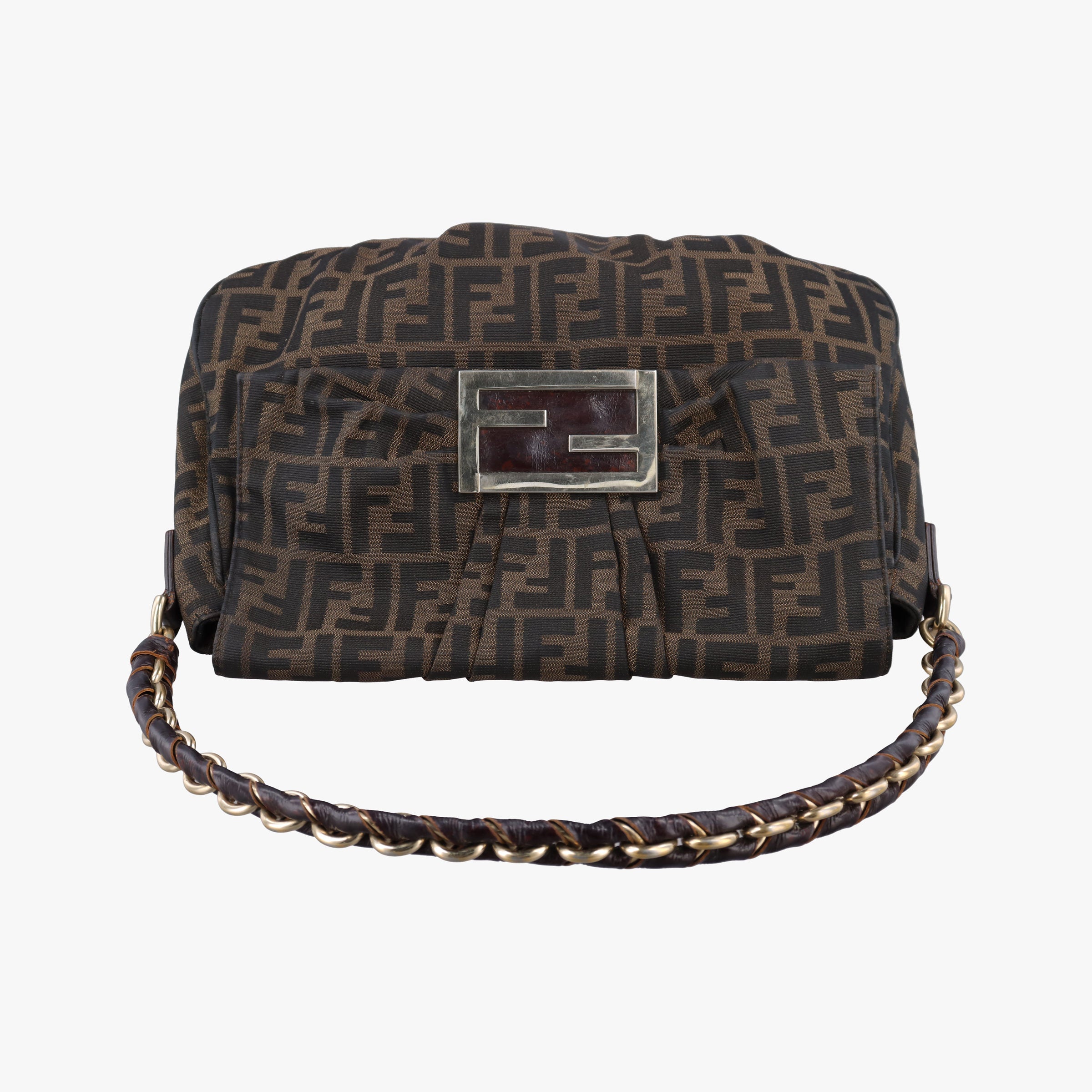 Pre-owned Fendi Mia Flap Brown Jacquard 8BT163 shoulderbag | stylenewstar