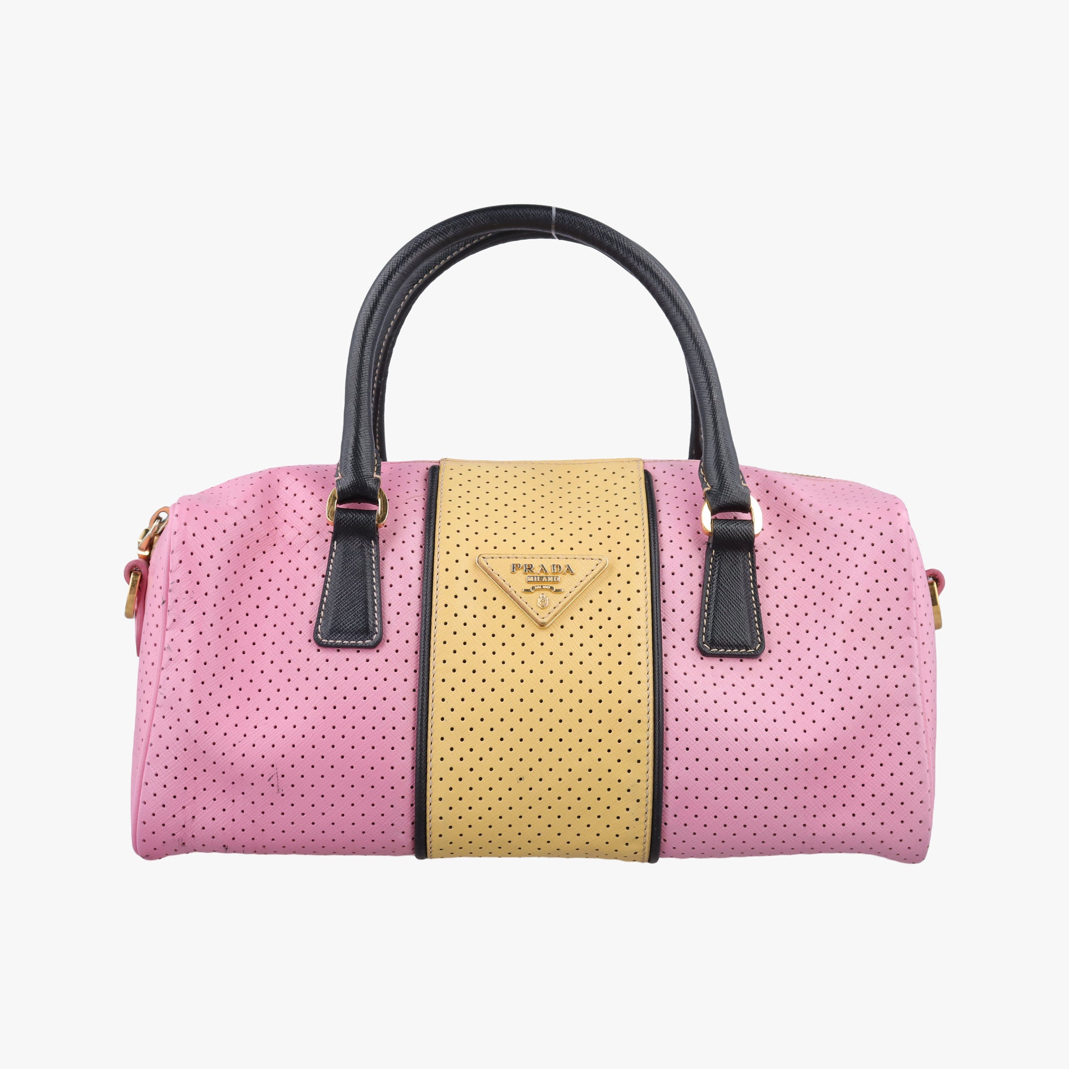 Pre-owned Prada Perforated Striped Boston Pink × Yellow × Black Saffiano Leather BL0655 handbag | stylenewstar