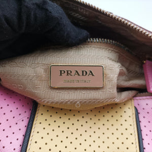 Pre-owned Prada Perforated Striped Boston Pink × Yellow × Black Saffiano Leather BL0655 handbag | stylenewstar
