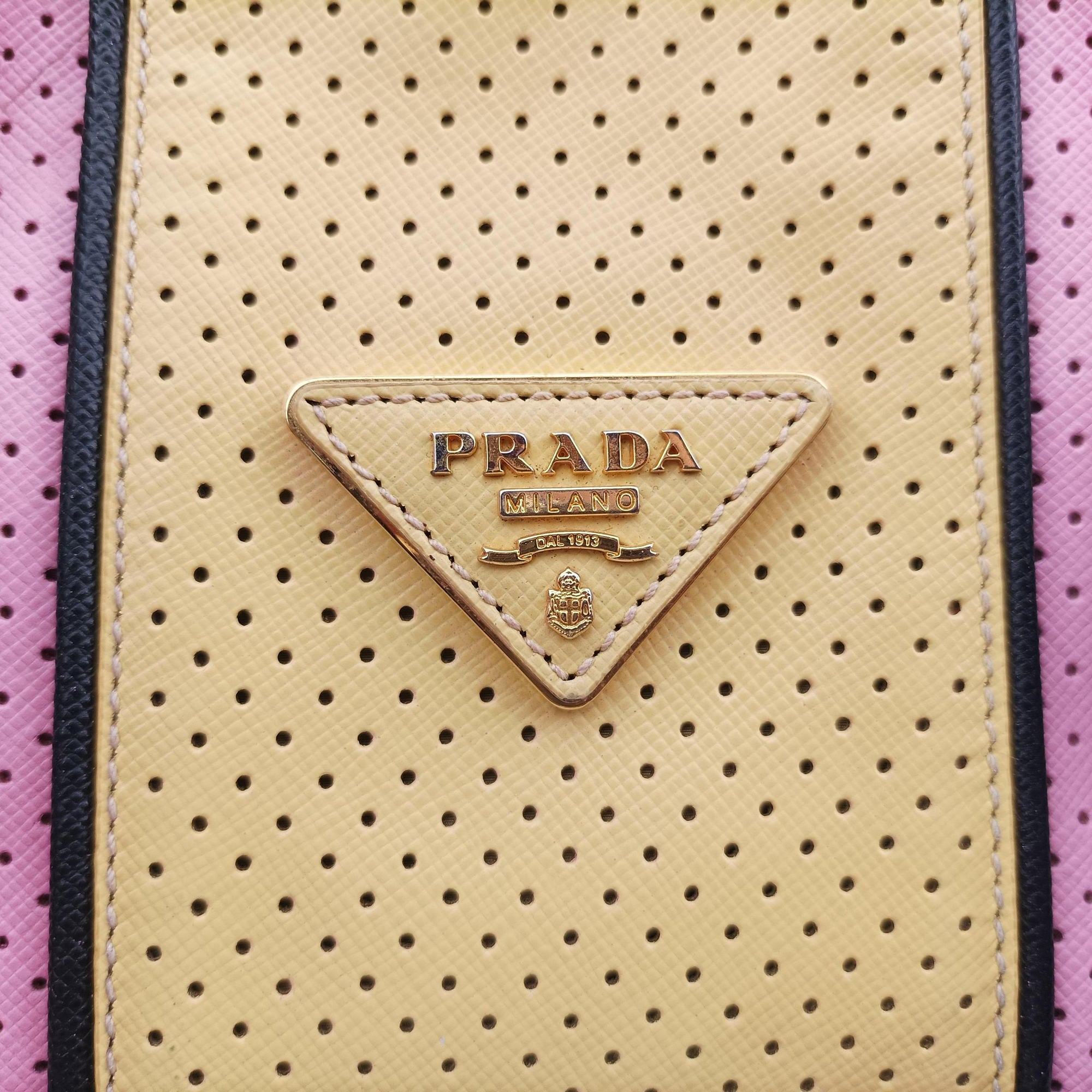 Pre-owned Prada Perforated Striped Boston Pink × Yellow × Black Saffiano Leather BL0655 handbag | stylenewstar