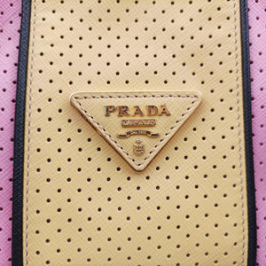 Pre-owned Prada Perforated Striped Boston Pink × Yellow × Black Saffiano Leather BL0655 handbag | stylenewstar
