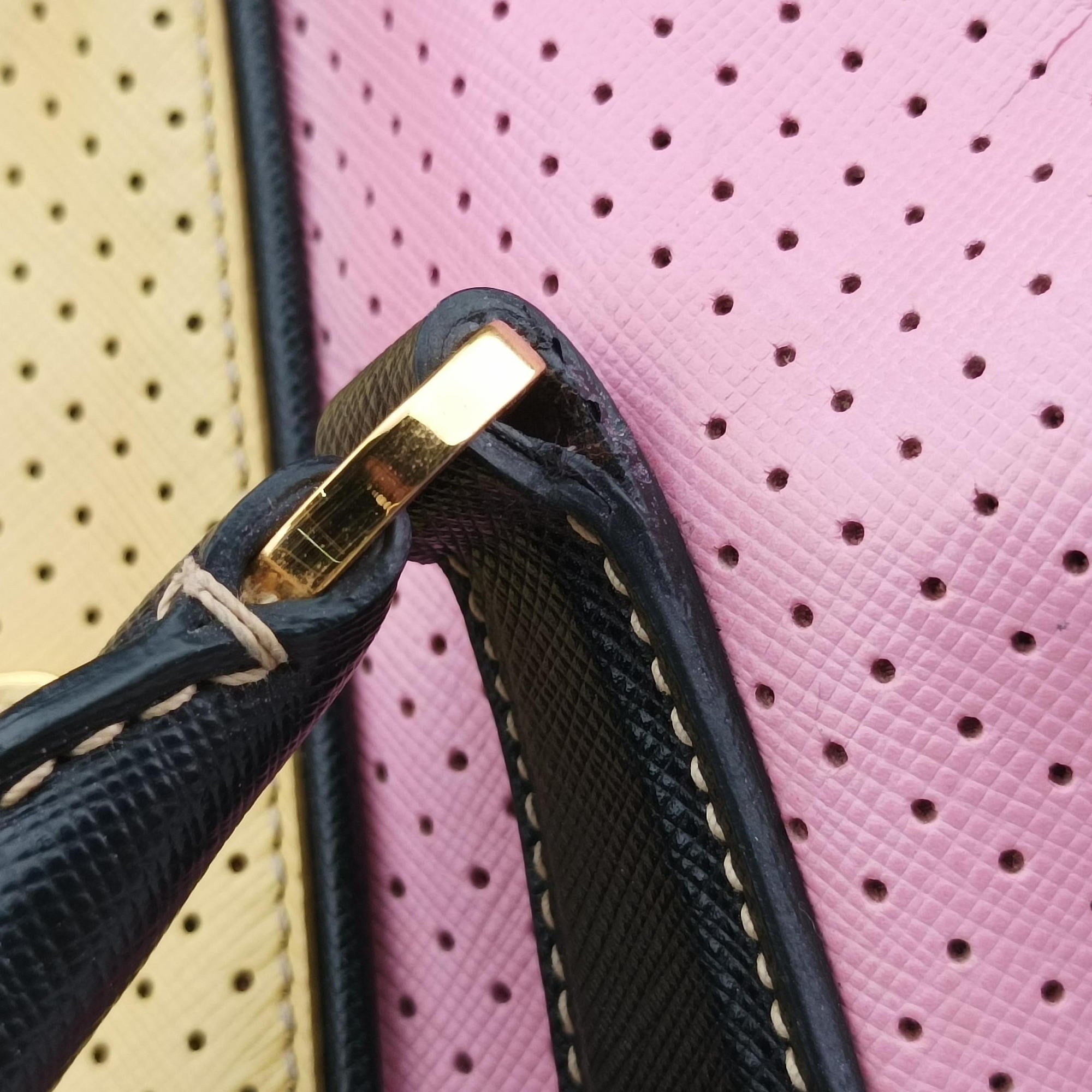Pre-owned Prada Perforated Striped Boston Pink × Yellow × Black Saffiano Leather BL0655 handbag | stylenewstar