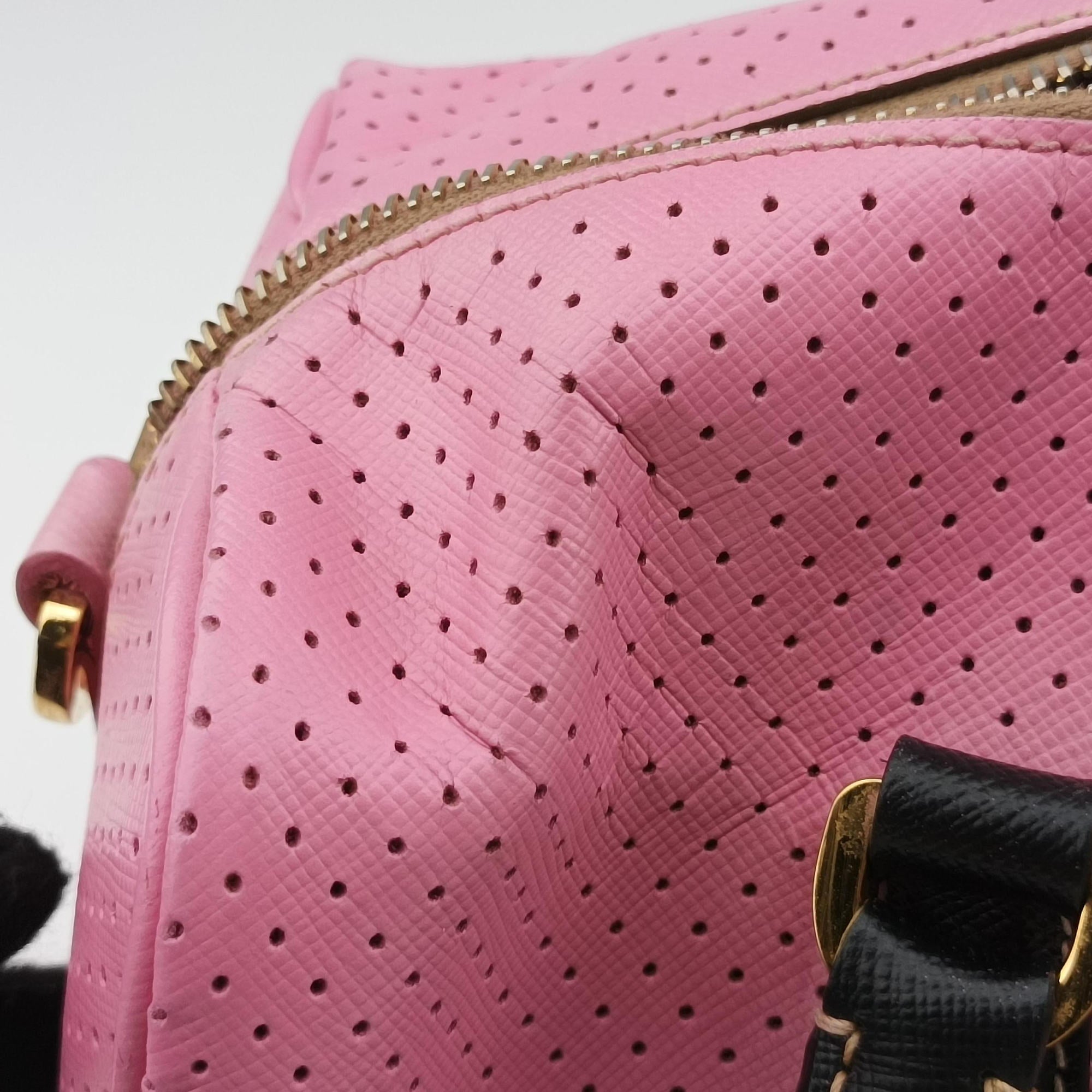Pre-owned Prada Perforated Striped Boston Pink × Yellow × Black Saffiano Leather BL0655 handbag | stylenewstar