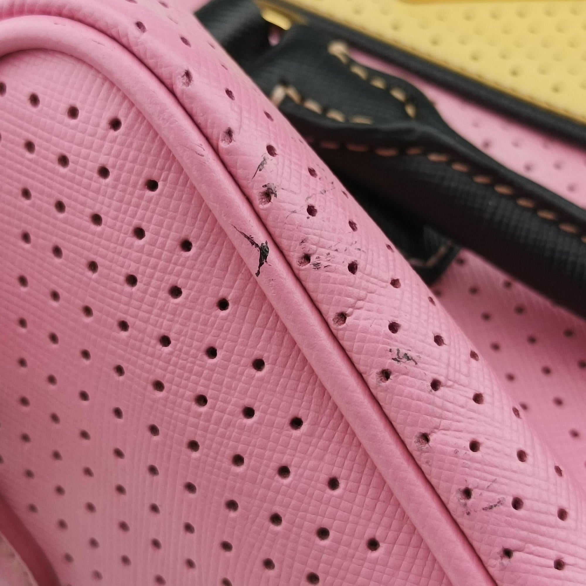 Pre-owned Prada Perforated Striped Boston Pink × Yellow × Black Saffiano Leather BL0655 handbag | stylenewstar