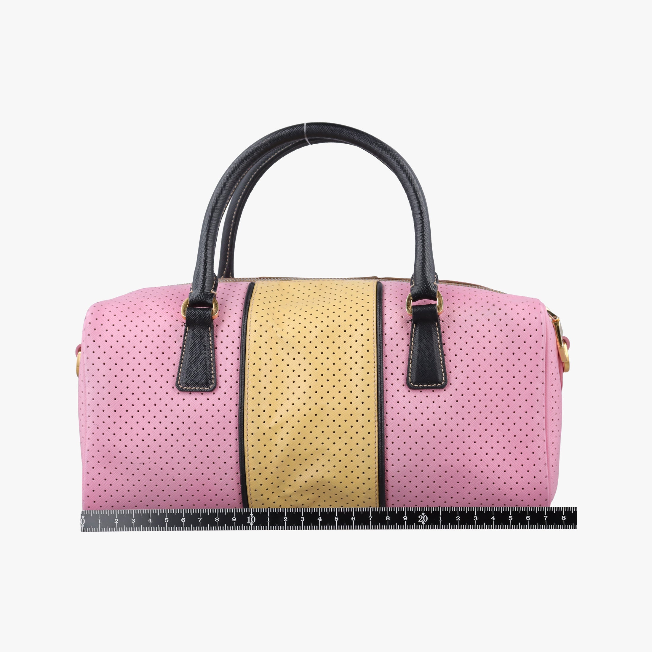 Pre-owned Prada Perforated Striped Boston Pink × Yellow × Black Saffiano Leather BL0655 handbag | stylenewstar