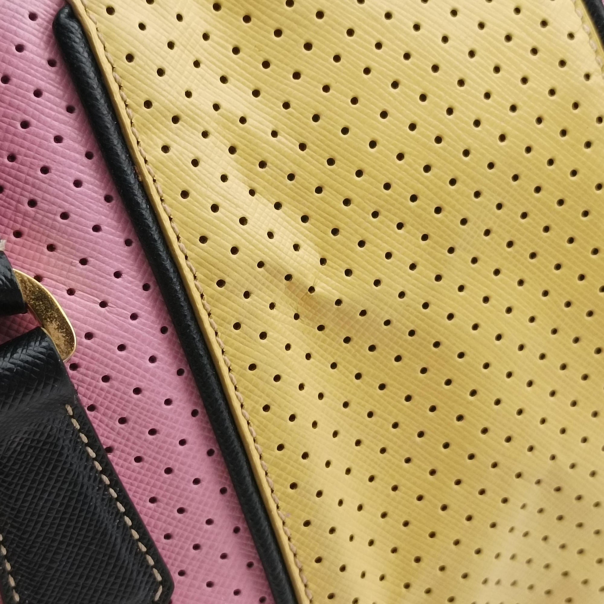 Pre-owned Prada Perforated Striped Boston Pink × Yellow × Black Saffiano Leather BL0655 handbag | stylenewstar