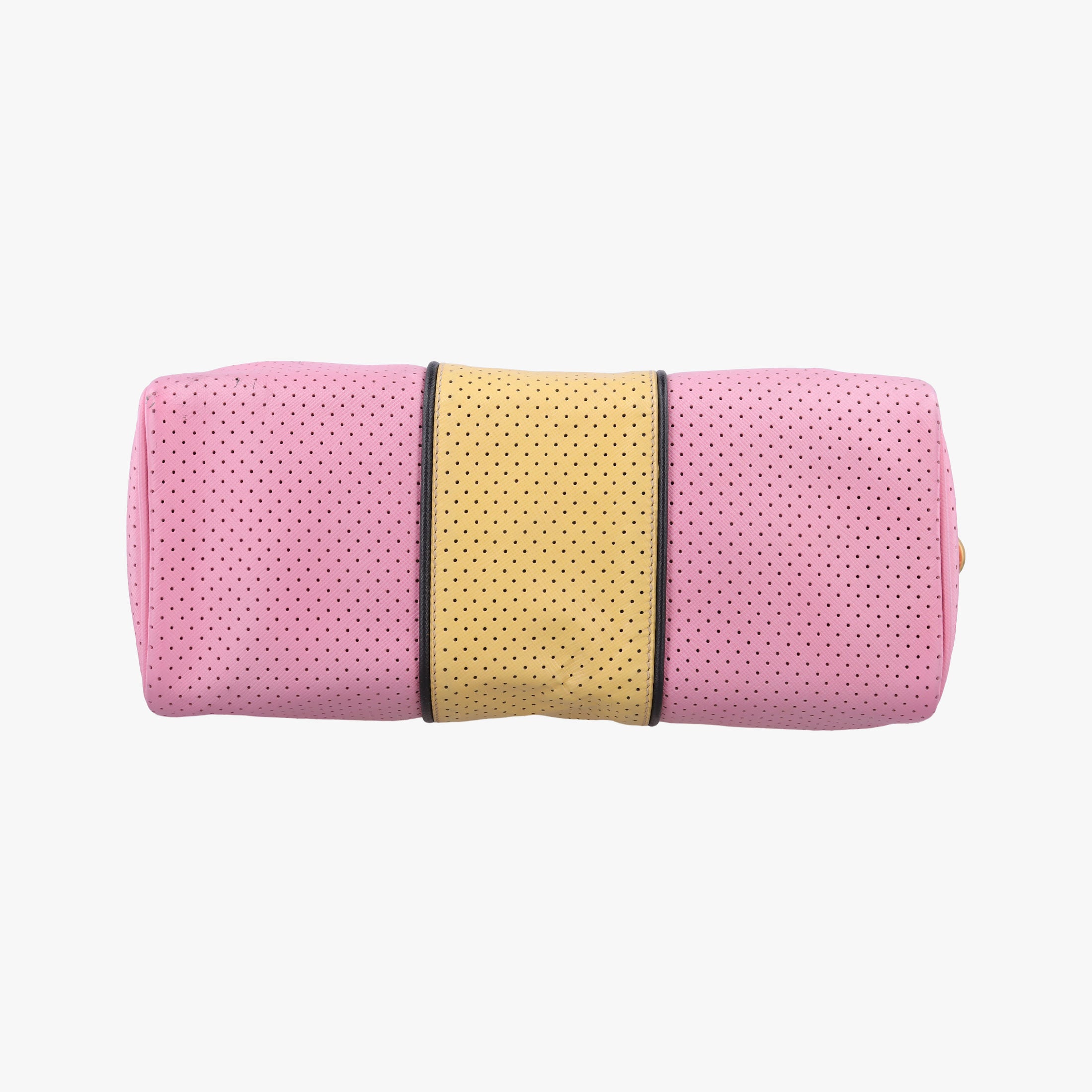 Pre-owned Prada Perforated Striped Boston Pink × Yellow × Black Saffiano Leather BL0655 handbag | stylenewstar