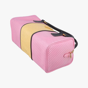 Pre-owned Prada Perforated Striped Boston Pink × Yellow × Black Saffiano Leather BL0655 handbag | stylenewstar