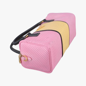Pre-owned Prada Perforated Striped Boston Pink × Yellow × Black Saffiano Leather BL0655 handbag | stylenewstar