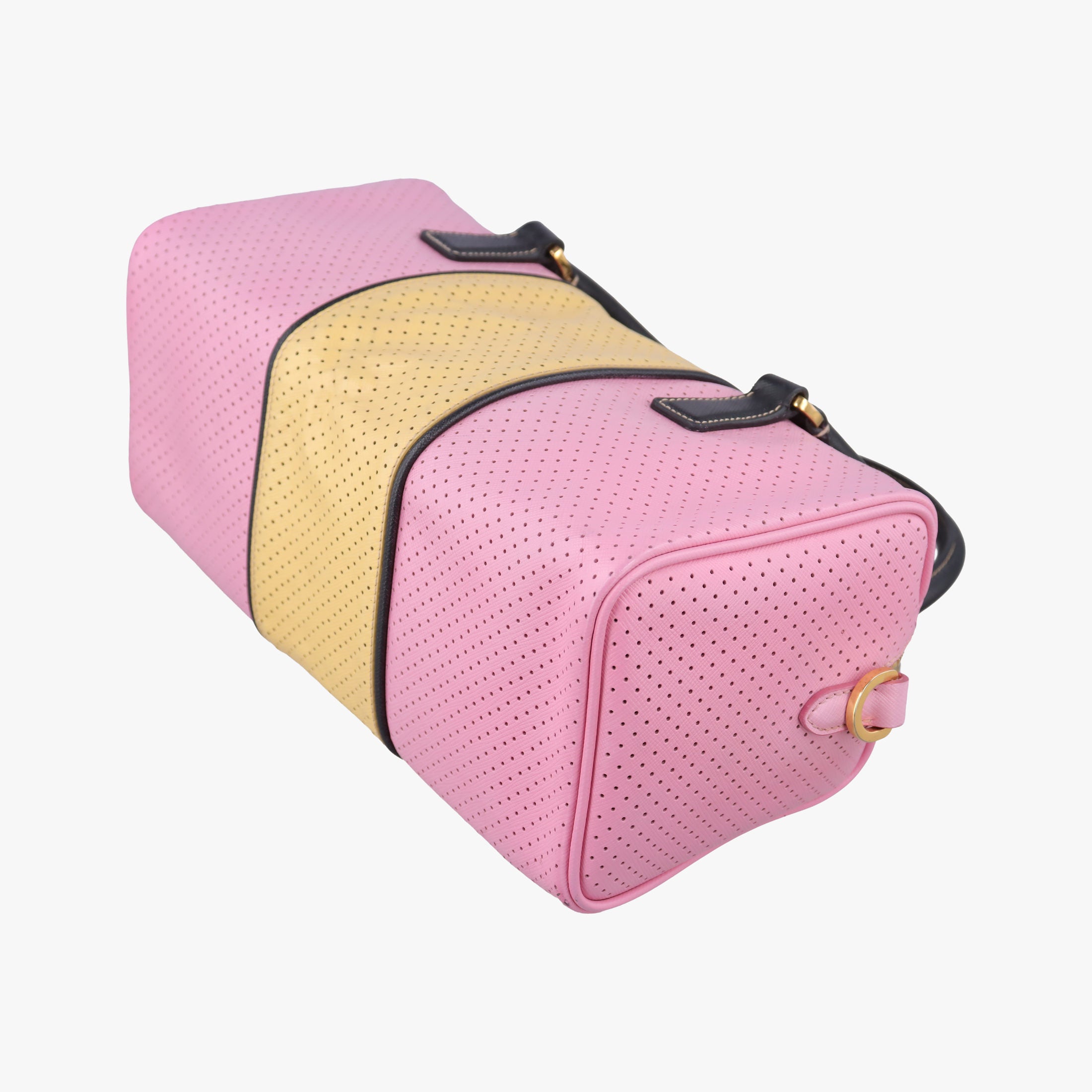 Pre-owned Prada Perforated Striped Boston Pink × Yellow × Black Saffiano Leather BL0655 handbag | stylenewstar