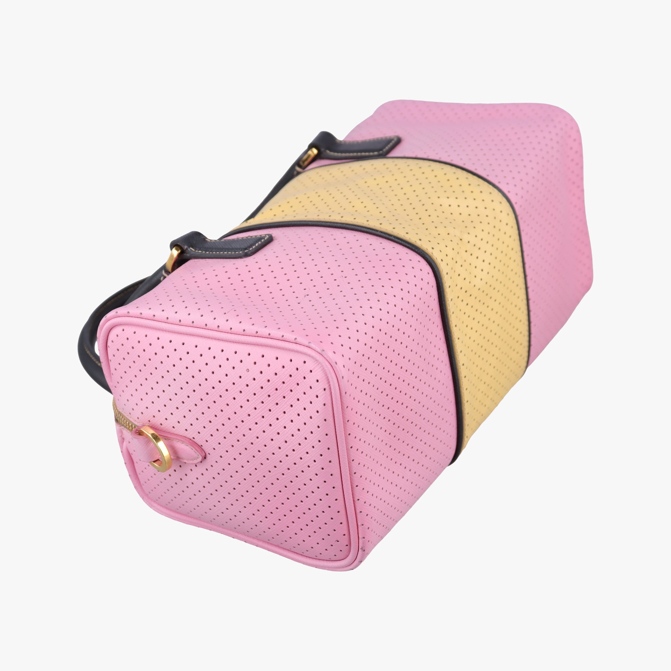 Pre-owned Prada Perforated Striped Boston Pink × Yellow × Black Saffiano Leather BL0655 handbag | stylenewstar
