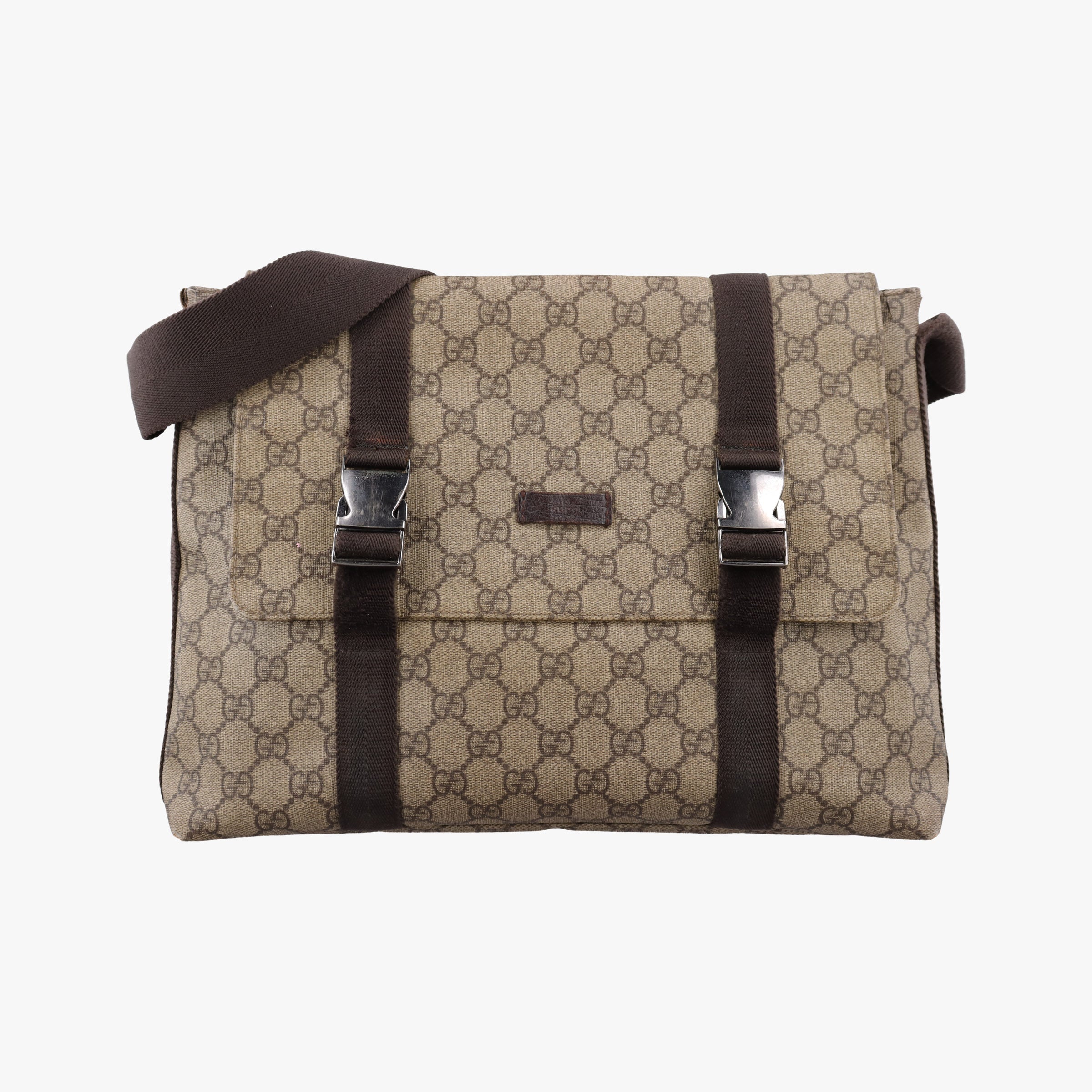 Vintage Gucci GG Supreme Double Buckle Beige × Dark Brown PVC coated canvas 122373 214397 shoulderbag | stylenewstar