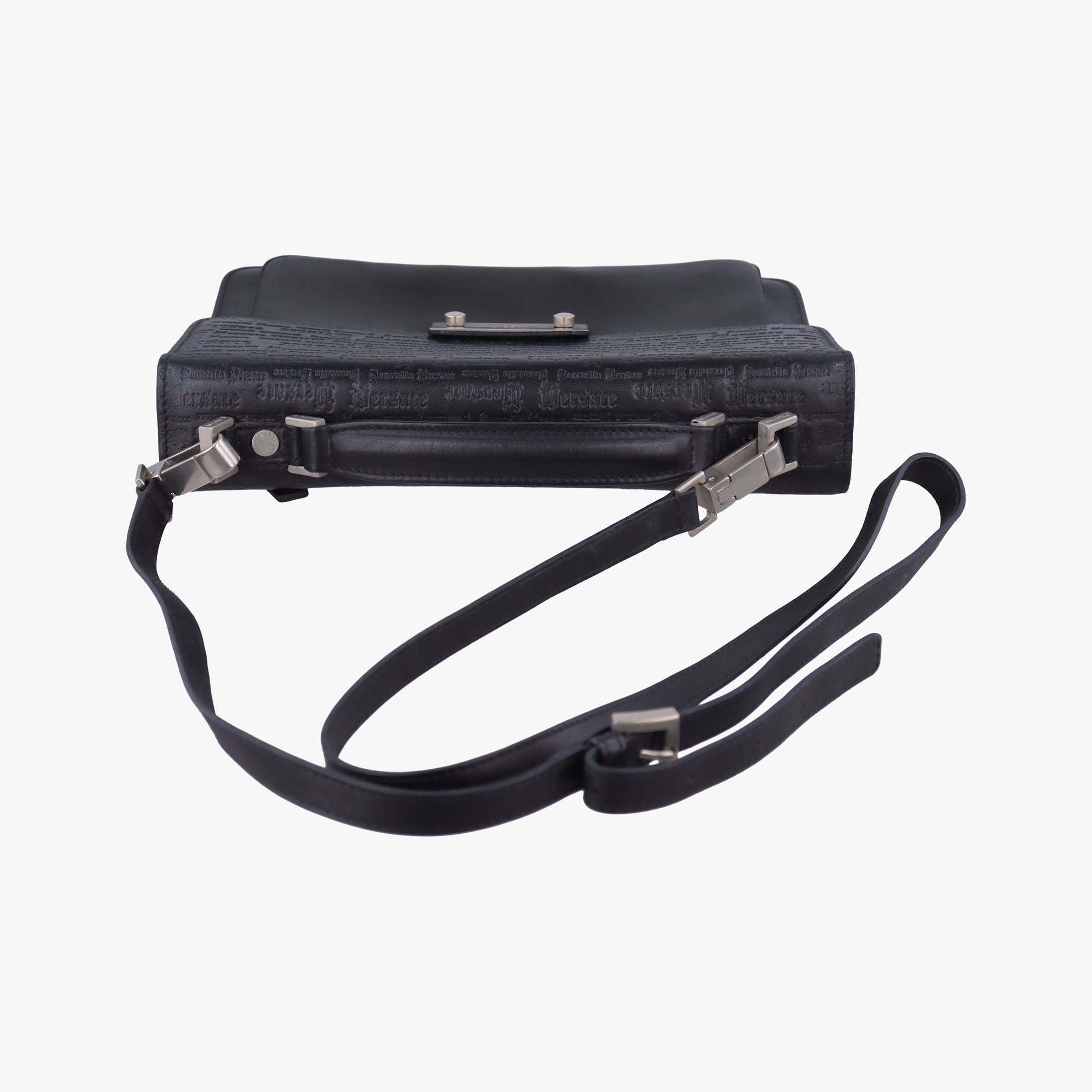 Pre-owned VERSACE Embossed Logo Top Handle Messenger Black Leather  shoulderbag | stylenewstar