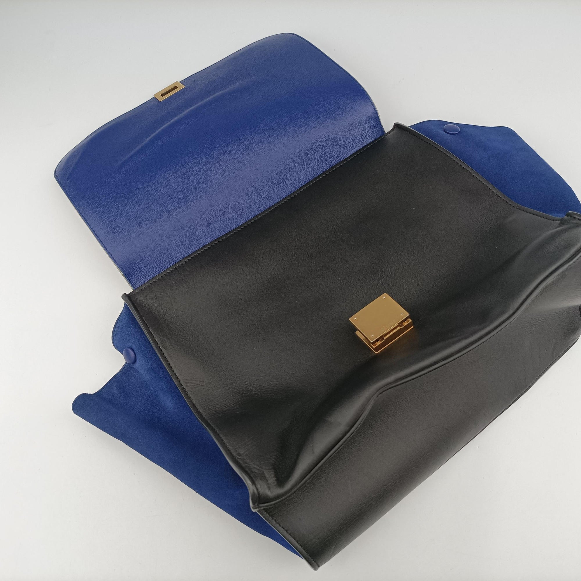 Pre-owned Celine Trapeze Beige×black×blue Suede × leather  shoulderbag | stylenewstar