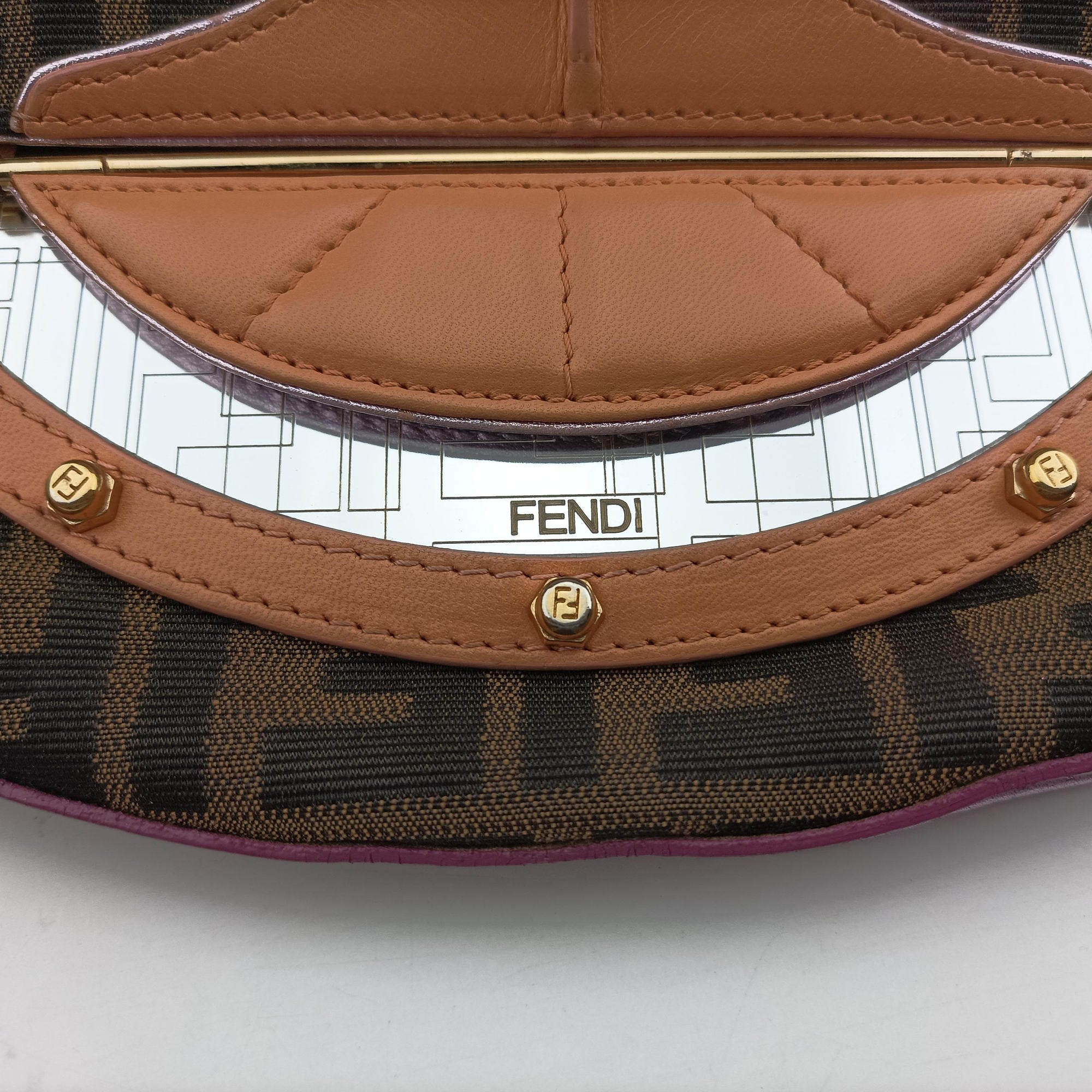 Pre-owned Fendi Zucca Vanity Mirror beige×Brown×purple canvas×leather 8BN133 shoulderbag | stylenewstar