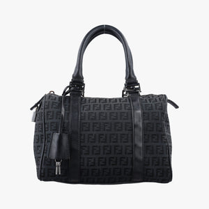 Pre-owned Fendi Zucchino Forever Bauletto Black canvas x Leather 8BL068 handbag | stylenewstar