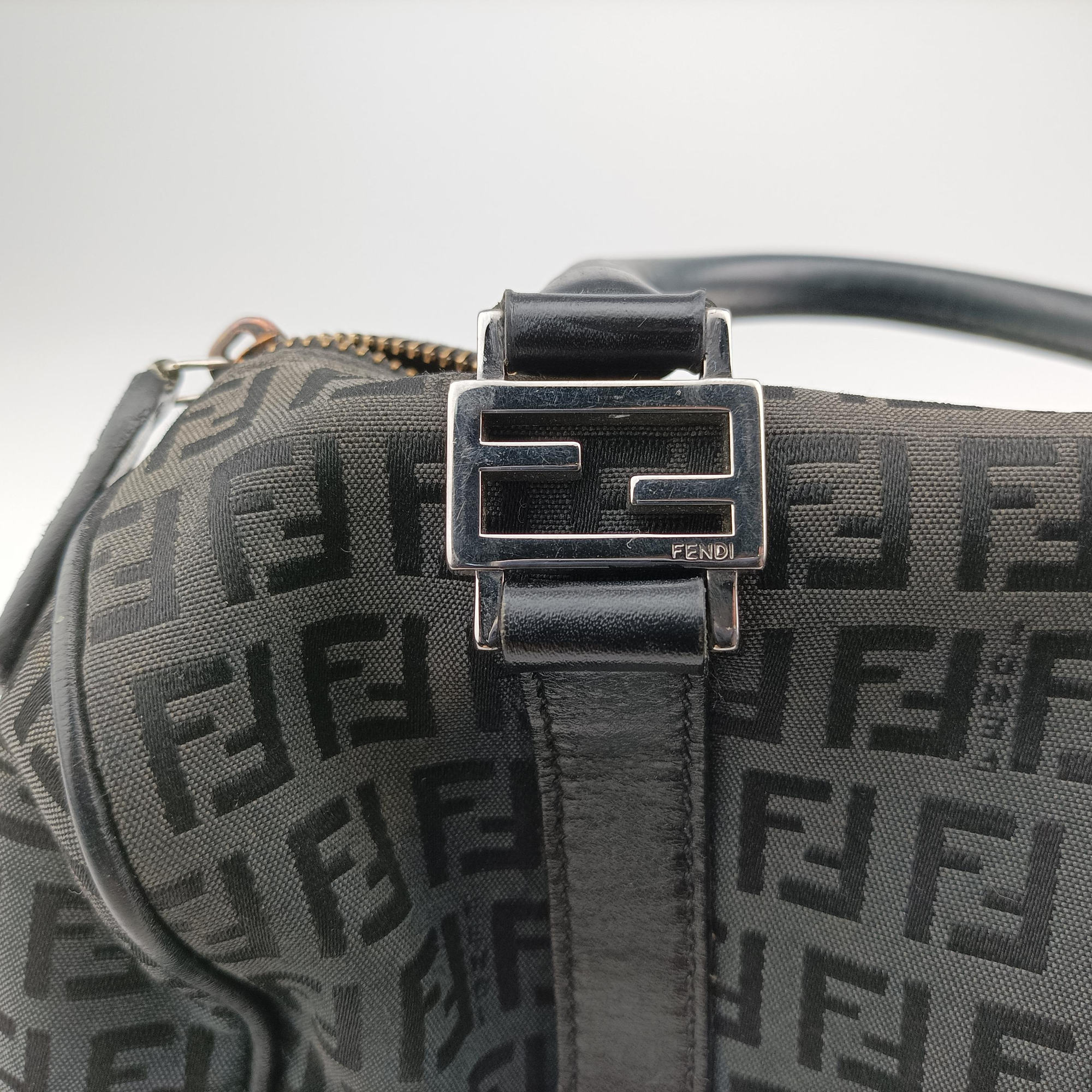 Pre-owned Fendi Zucchino Forever Bauletto Black canvas x Leather 8BL068 handbag | stylenewstar