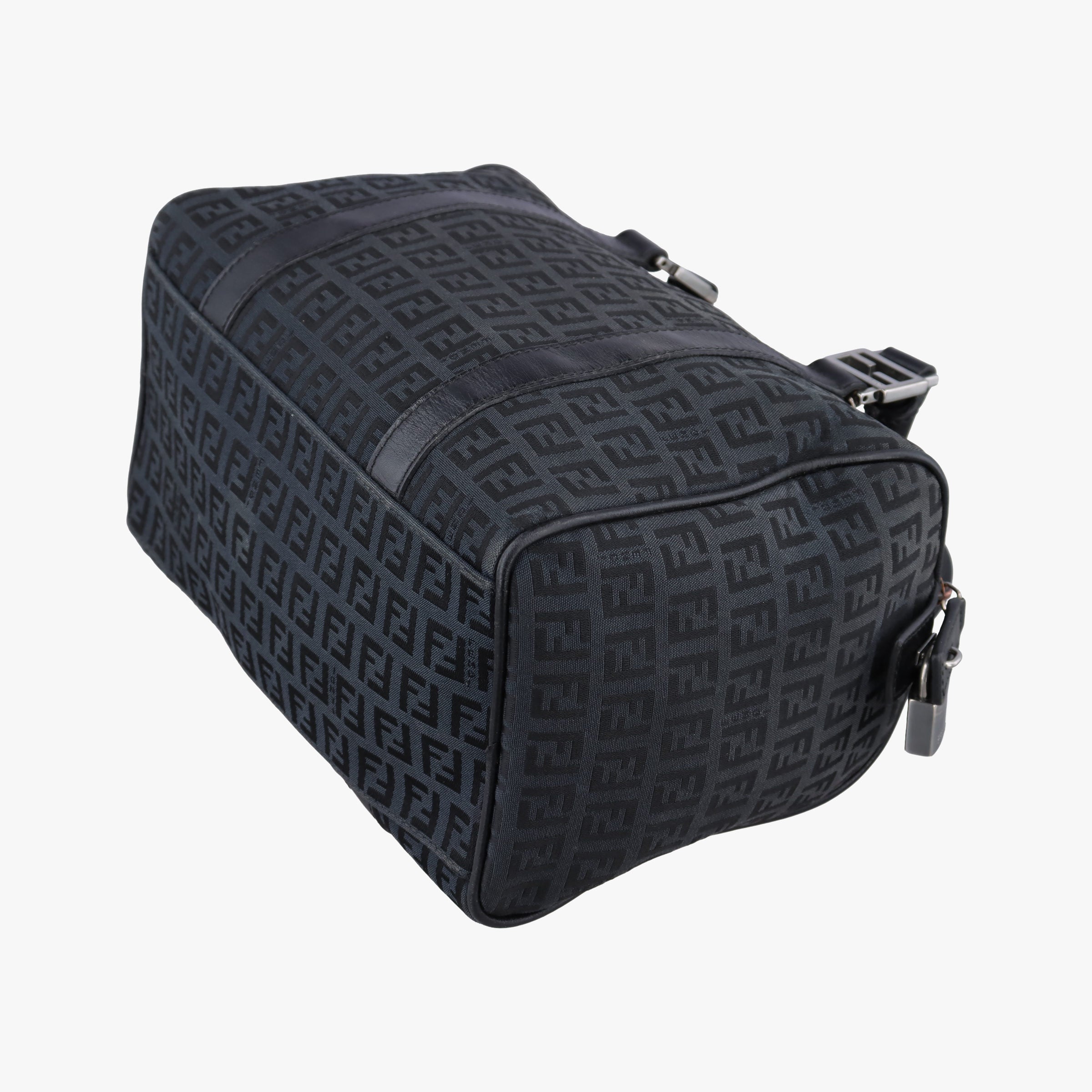 Pre-owned Fendi Zucchino Forever Bauletto Black canvas x Leather 8BL068 handbag | stylenewstar