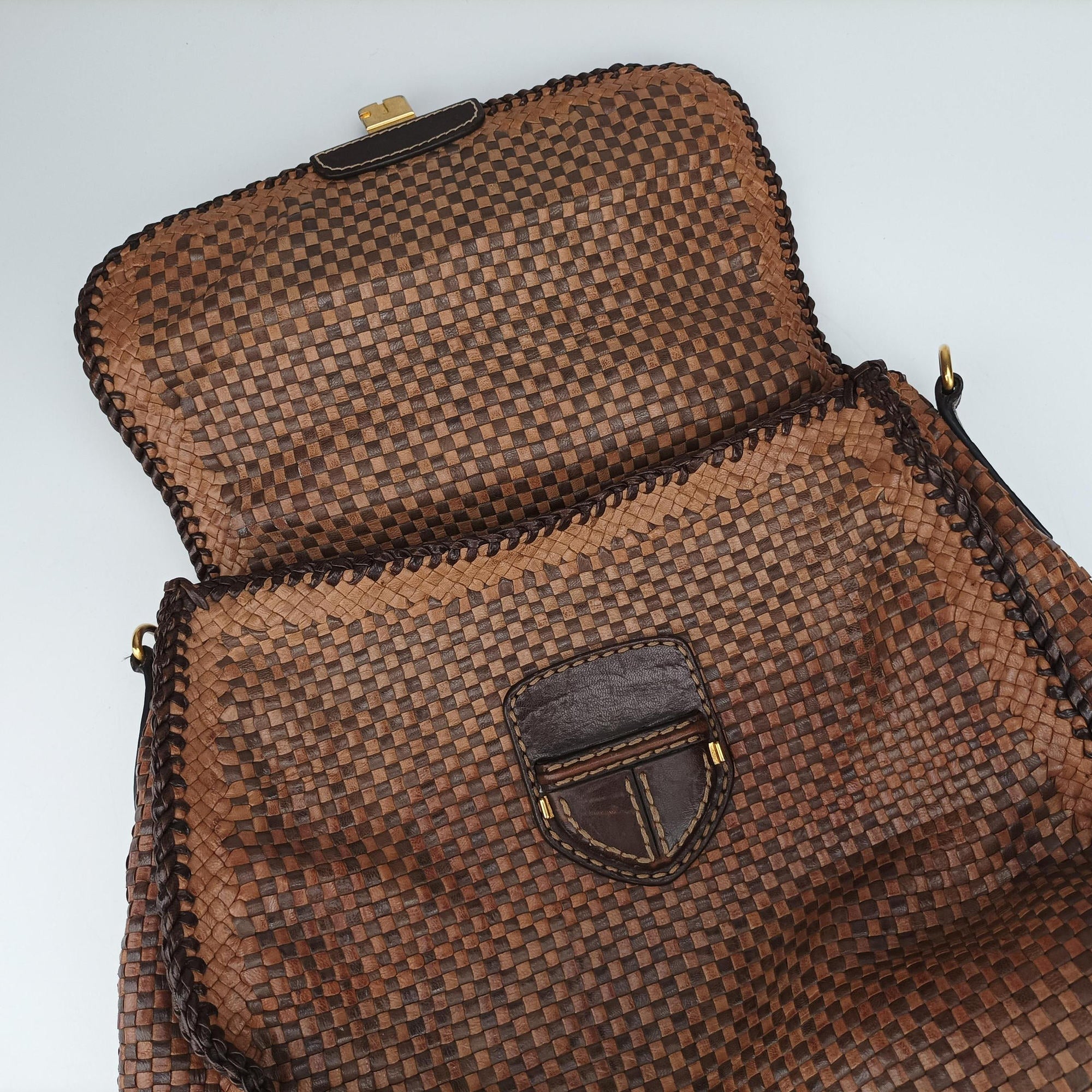 Pre-owned Prada Madras Brown leather  shoulderbag | stylenewstar