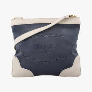 Pre-owned Prada Canapa logo jacquard Navy × white Canvas × leather BT867A shoulderbag | stylenewstar