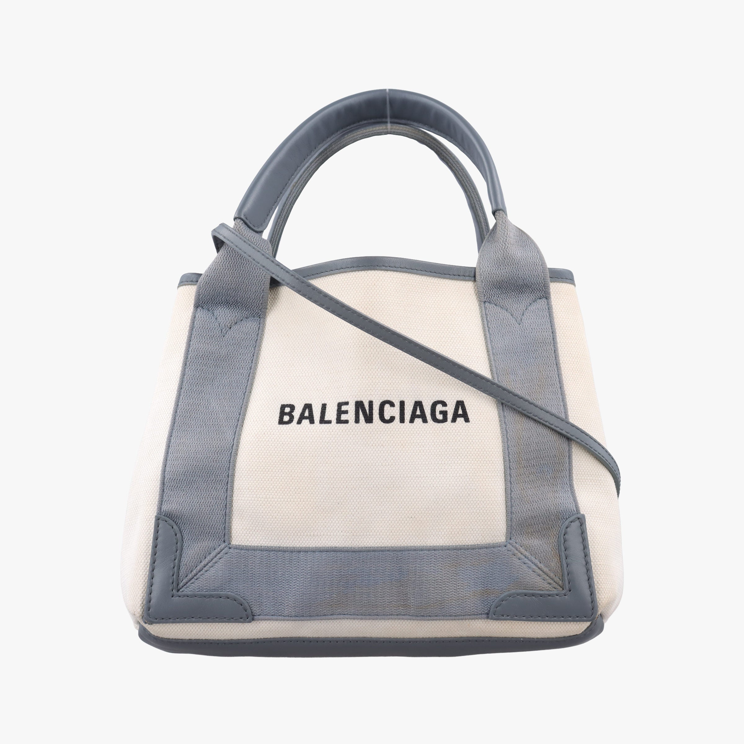 Pre-owned Balenciaga Navy Cabas XS Ivory × Gray Canvas x Leather  handbag | stylenewstar