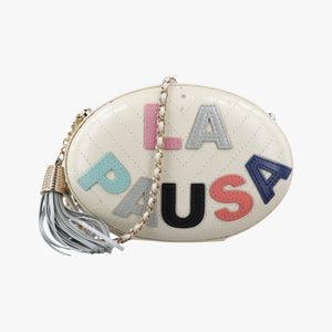 Vintage Chanel LA PAUSA Shiny Chevron Oval Tassel White Leather AS0204 shoulderbag | stylenewstar
